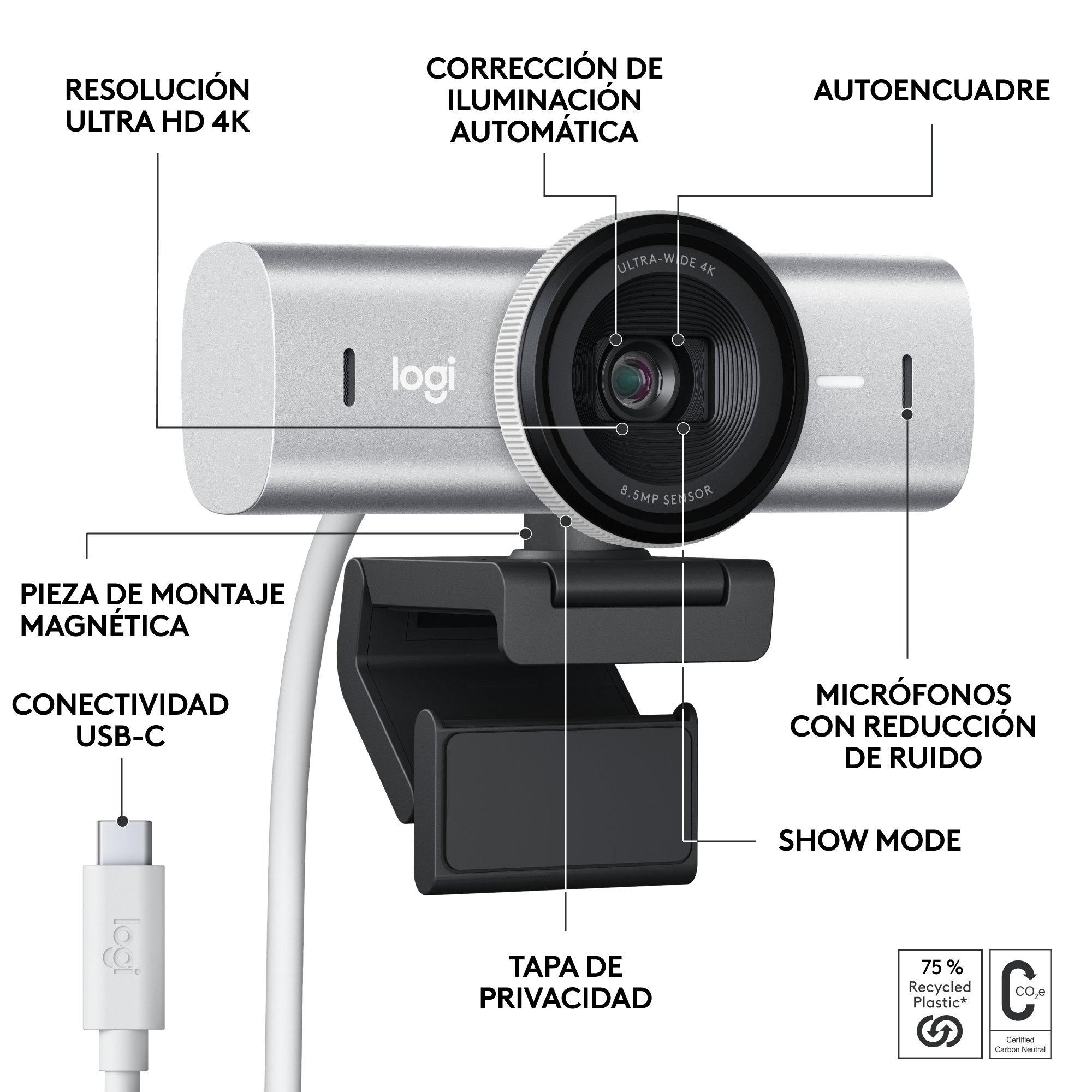 Webcam Logitech plateada con etiquetas. Base negra y cable USB-C blanco.