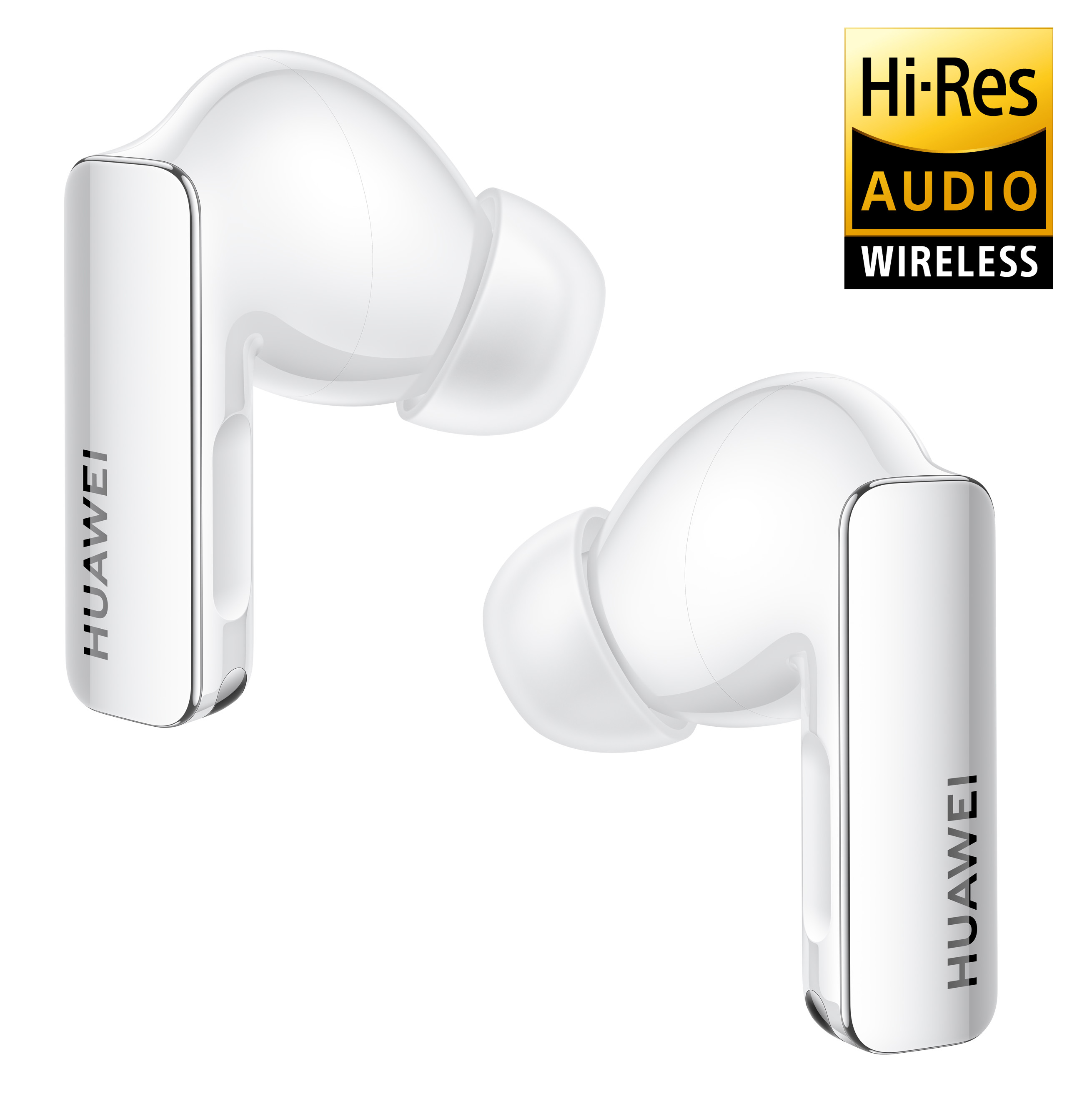 Białe słuchawki z logo HUAWEI i logo audio Hi-Res.