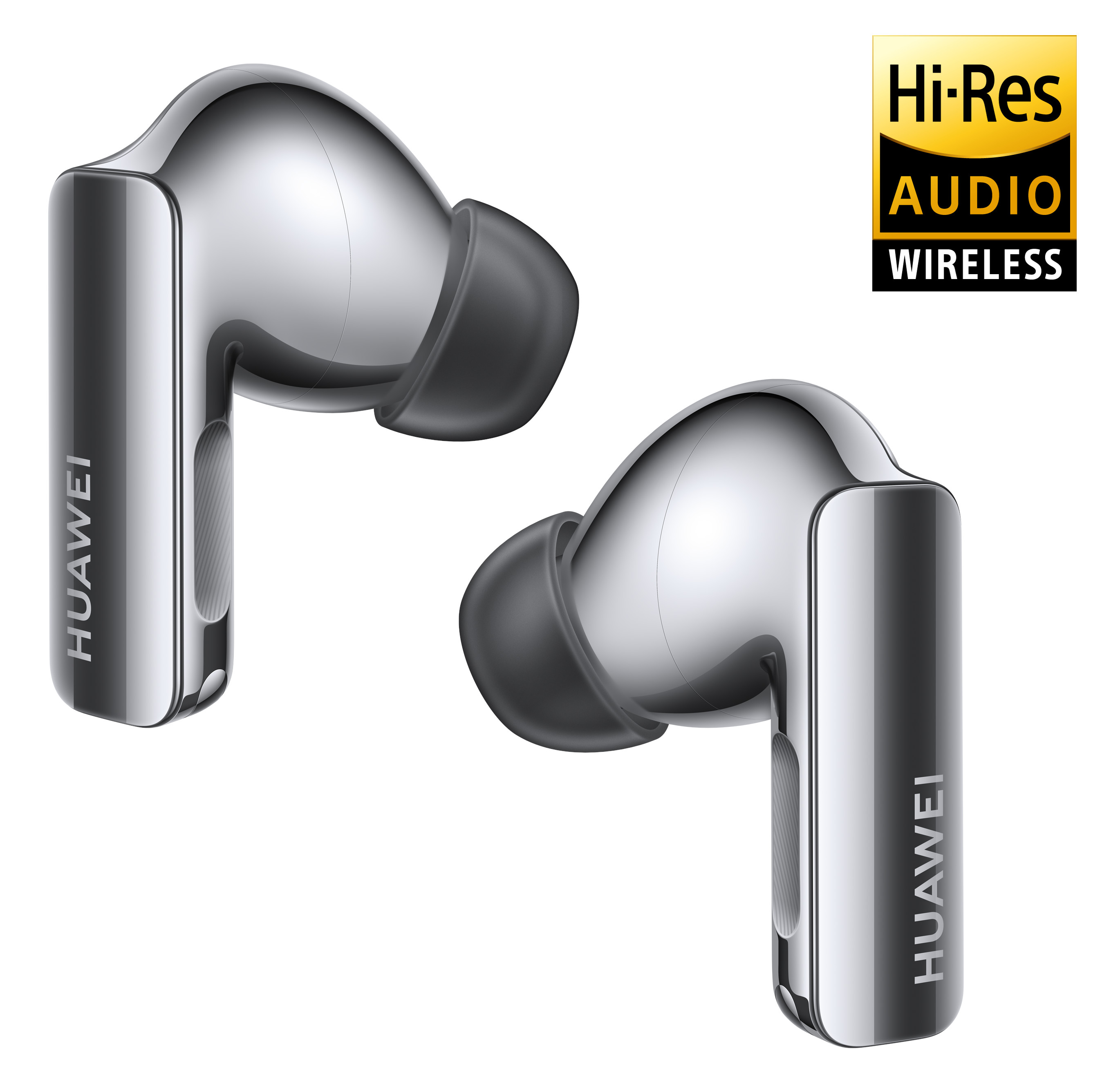 Srebrne bezprzewodowe słuchawki z napisem 'HUAWEI'. Widoczna złota etykieta 'Hi-Res Audio'.
