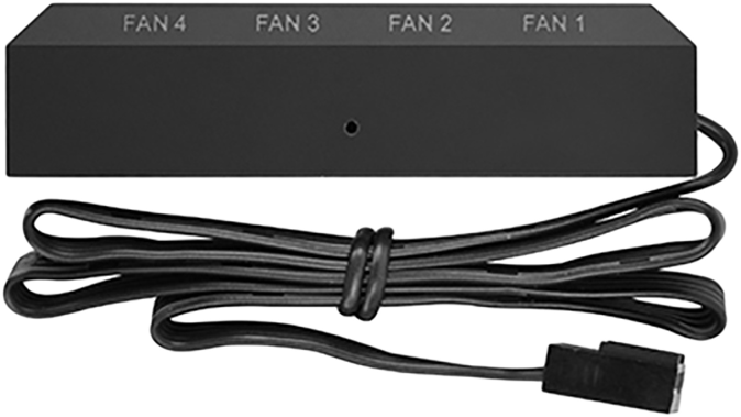 Fekete ventilátor hub, négy feliratozott ventilátor csatlakozóval és kábellel.