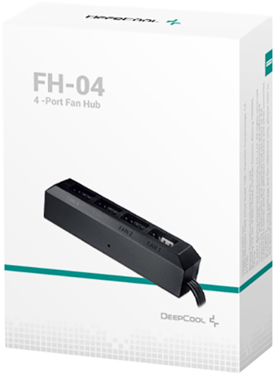Fehér doboz, benne egy fekete ventilátor elosztóval. A dobozon a 'FH-04 4-Port Fan Hub' felirat látható.