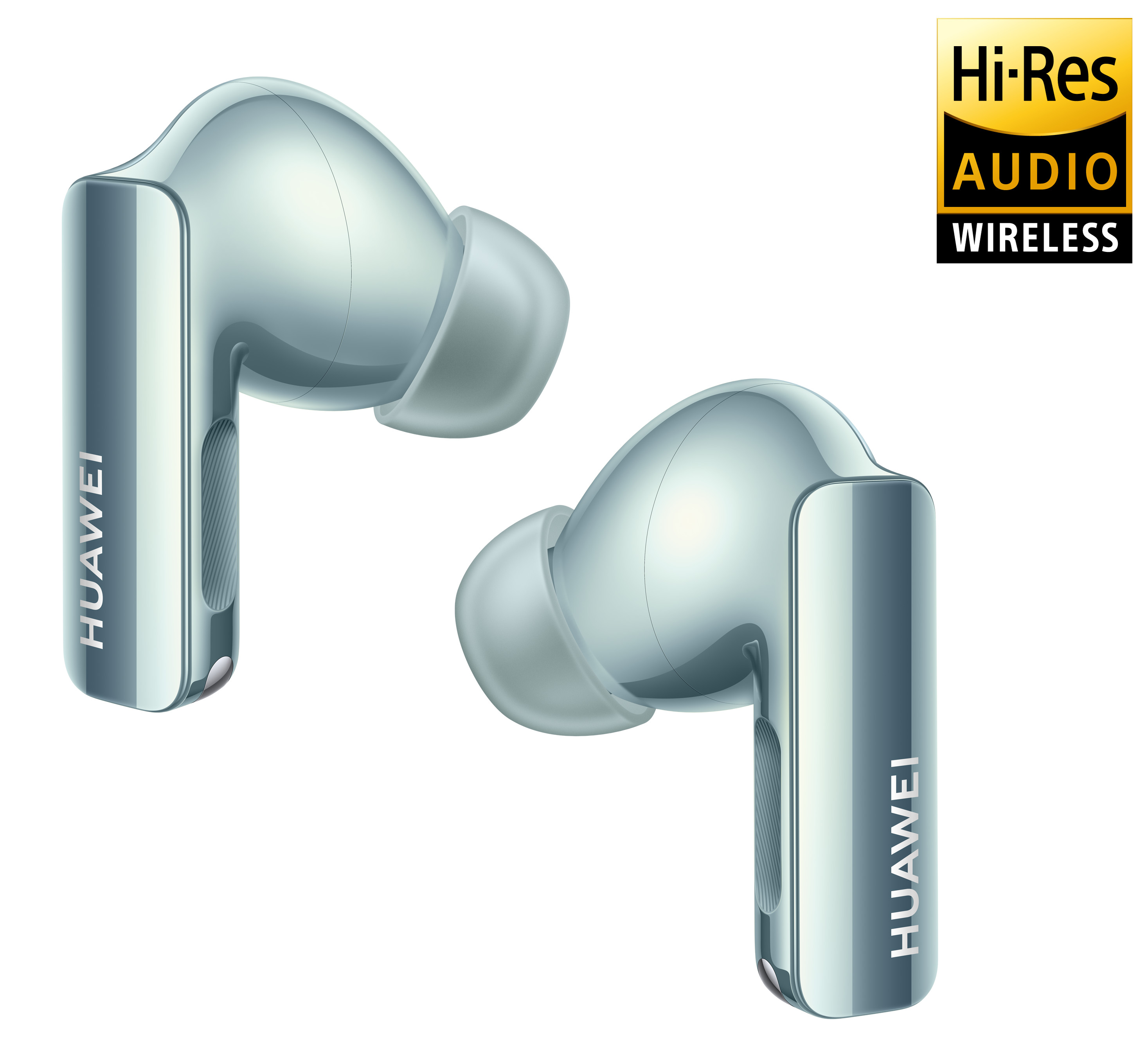 Dwa srebrne bezprzewodowe słuchawki Huawei na białym tle. Tekst Hi-Res Audio Wireless.