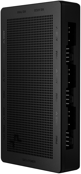 Fekete ventilátor vezérlő, MB PWM, ARGB, ATX SB, PWM és SATA tápbemenetekkel.
