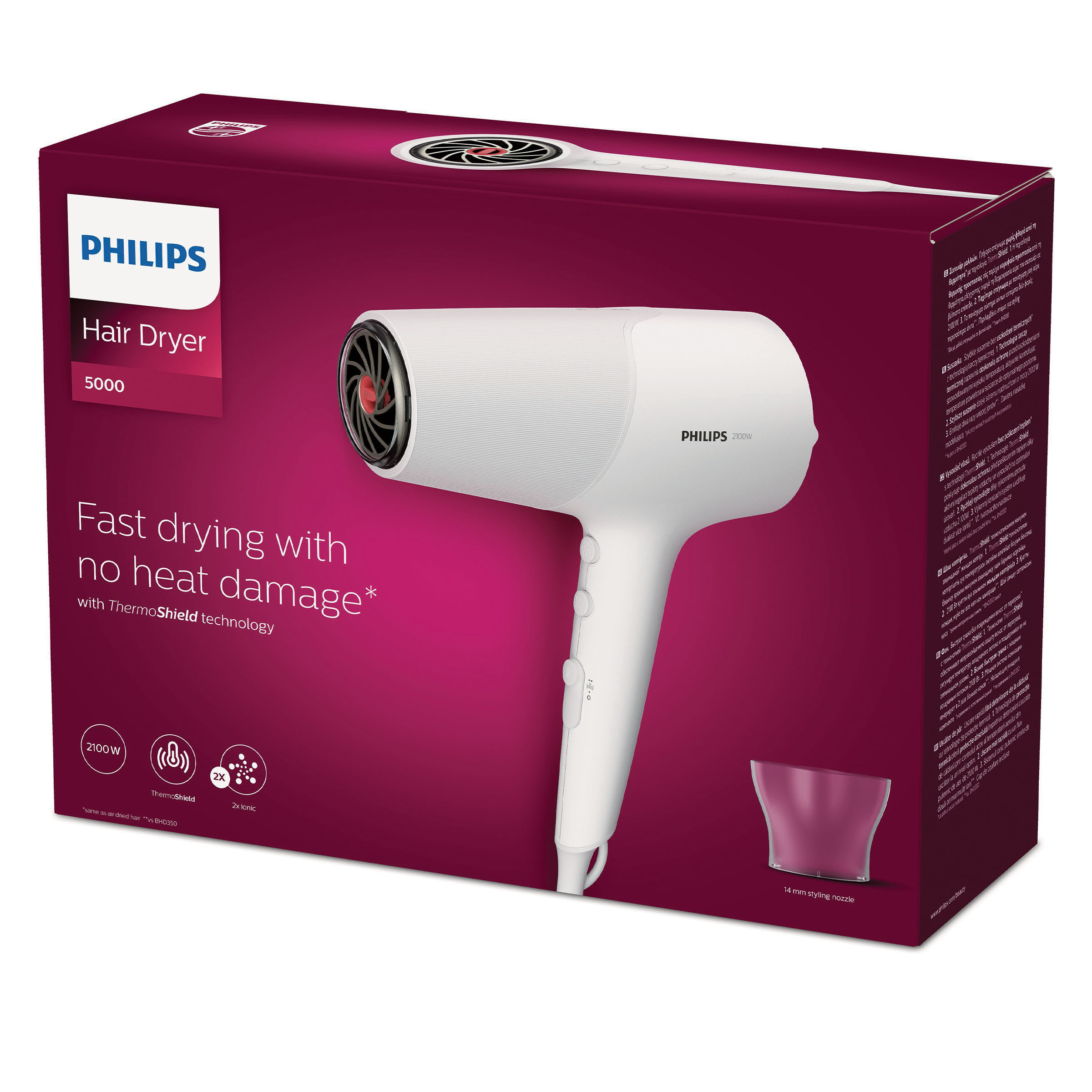 Biała suszarka do włosów Philips z czerwoną dyszą i pudełko z tekstem o produkcie.