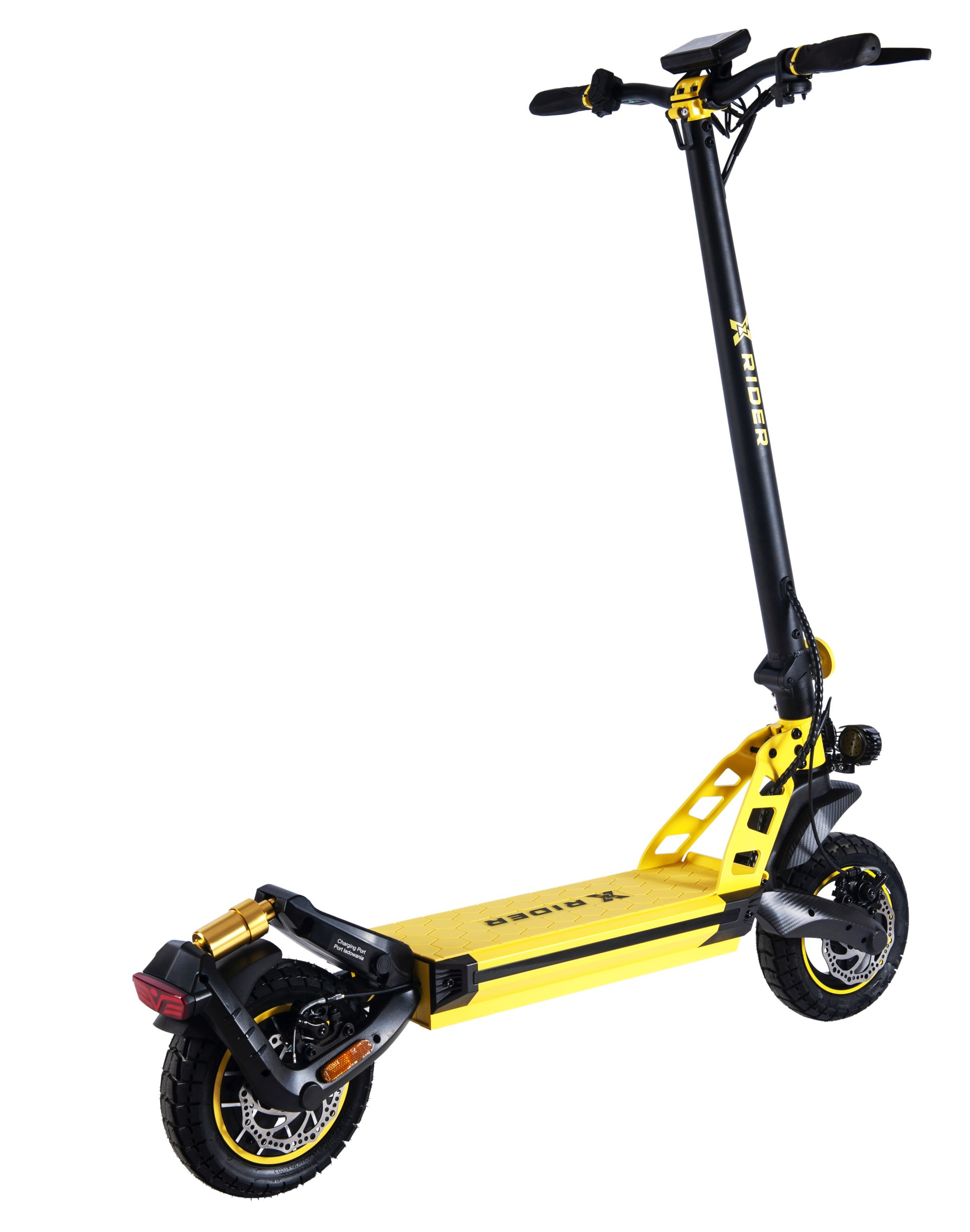 Żółto-czarna hulajnoga elektryczna jest wyświetlana na białym tle, widok z tyłu.