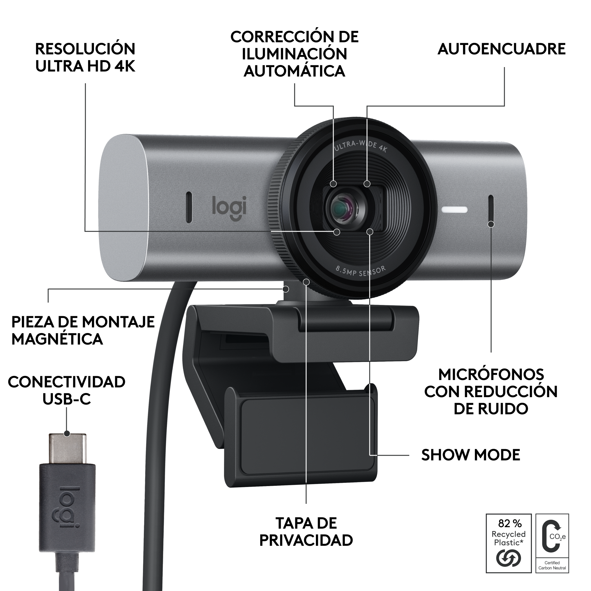 Una cámara web plateada con soporte negro, cable USB-C y la palabra 'logi'.