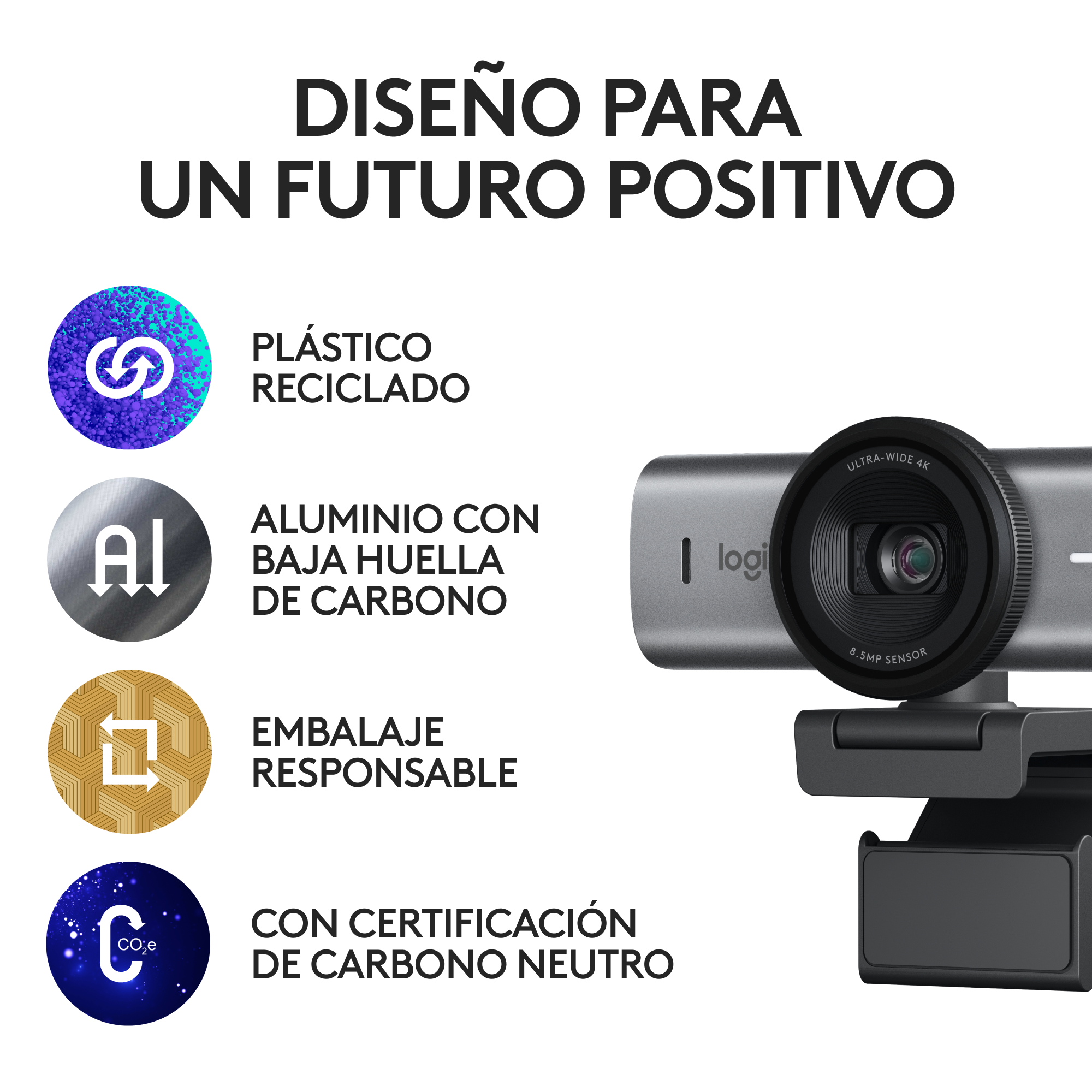 Webcam Logitech con texto sobre plástico reciclado y carbono neutral. Fondo blanco.