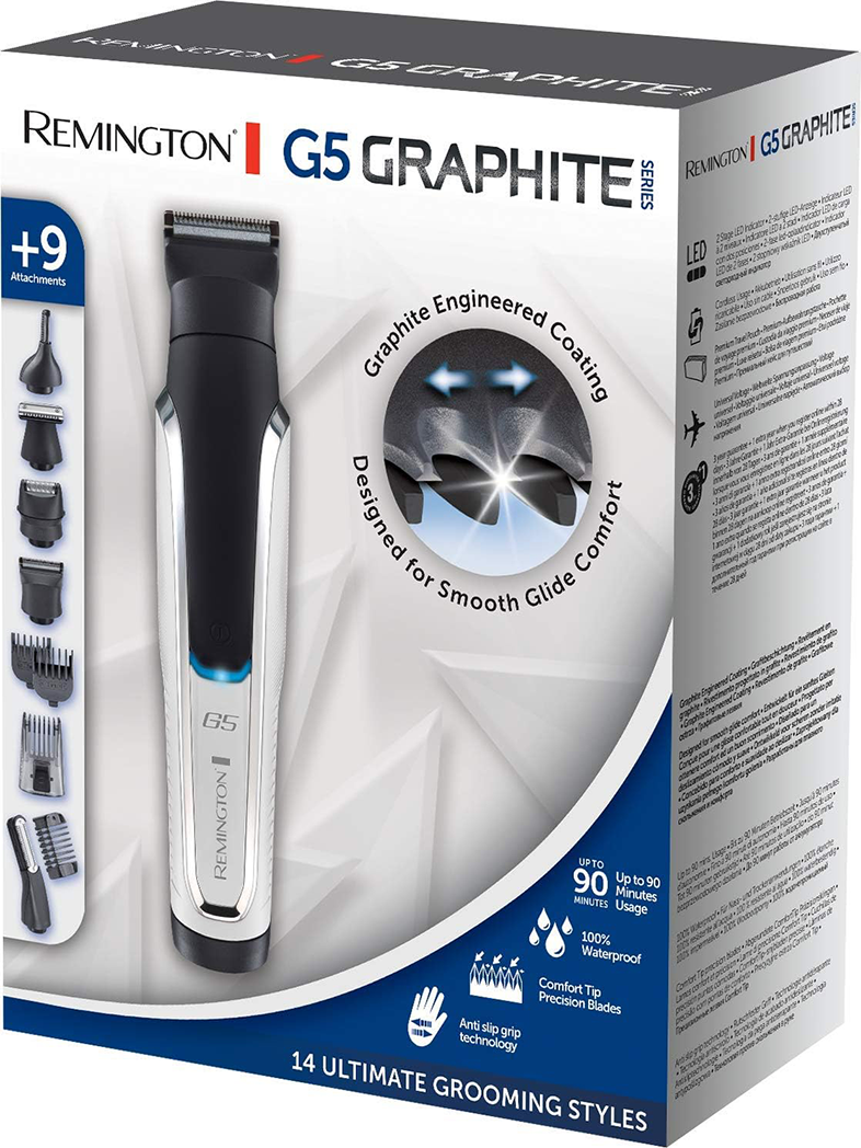 Remington G5 Graphite trimmer doboz tartozékokkal, a sima siklási kényelemért tervezve.