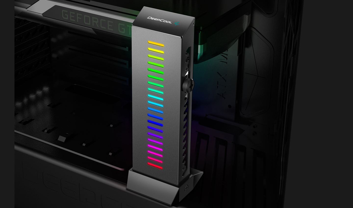 Fekete-szürke PC-alkatrész színes LED-csíkkal.