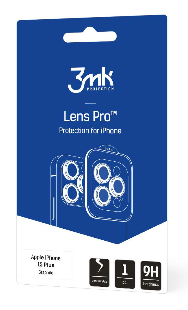 Niebiesko-białe opakowanie na osłonę ekranu iPhone. Opakowanie pokazuje produkt.