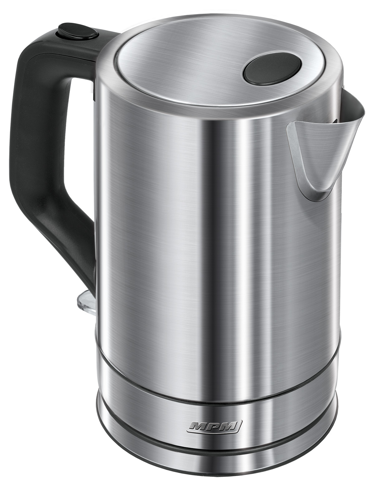 Czajnik elektryczny ze stali nierdzewnej z czarnym uchwytem, wylewką i przyciskiem pokrywy.