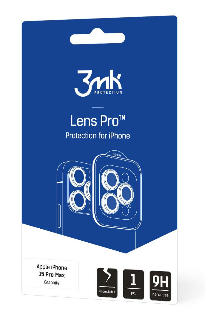 Opakowanie ochraniacza obiektywu do iPhone'a. Niebieskie tło z grafiką telefonu i obiektywu.