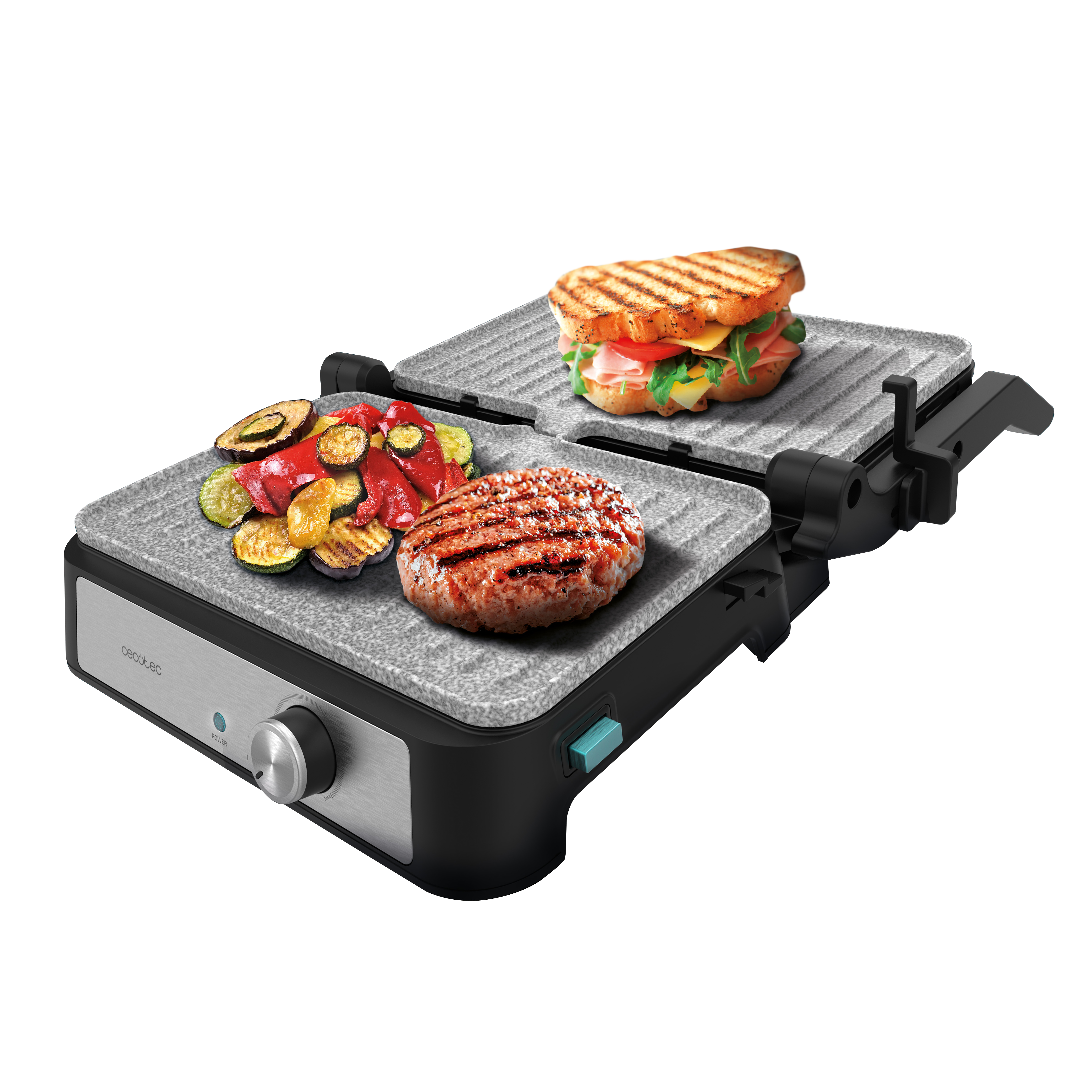 Parrilla eléctrica con comida: verduras a la parrilla, hamburguesa y sándwich. Fondo negro.