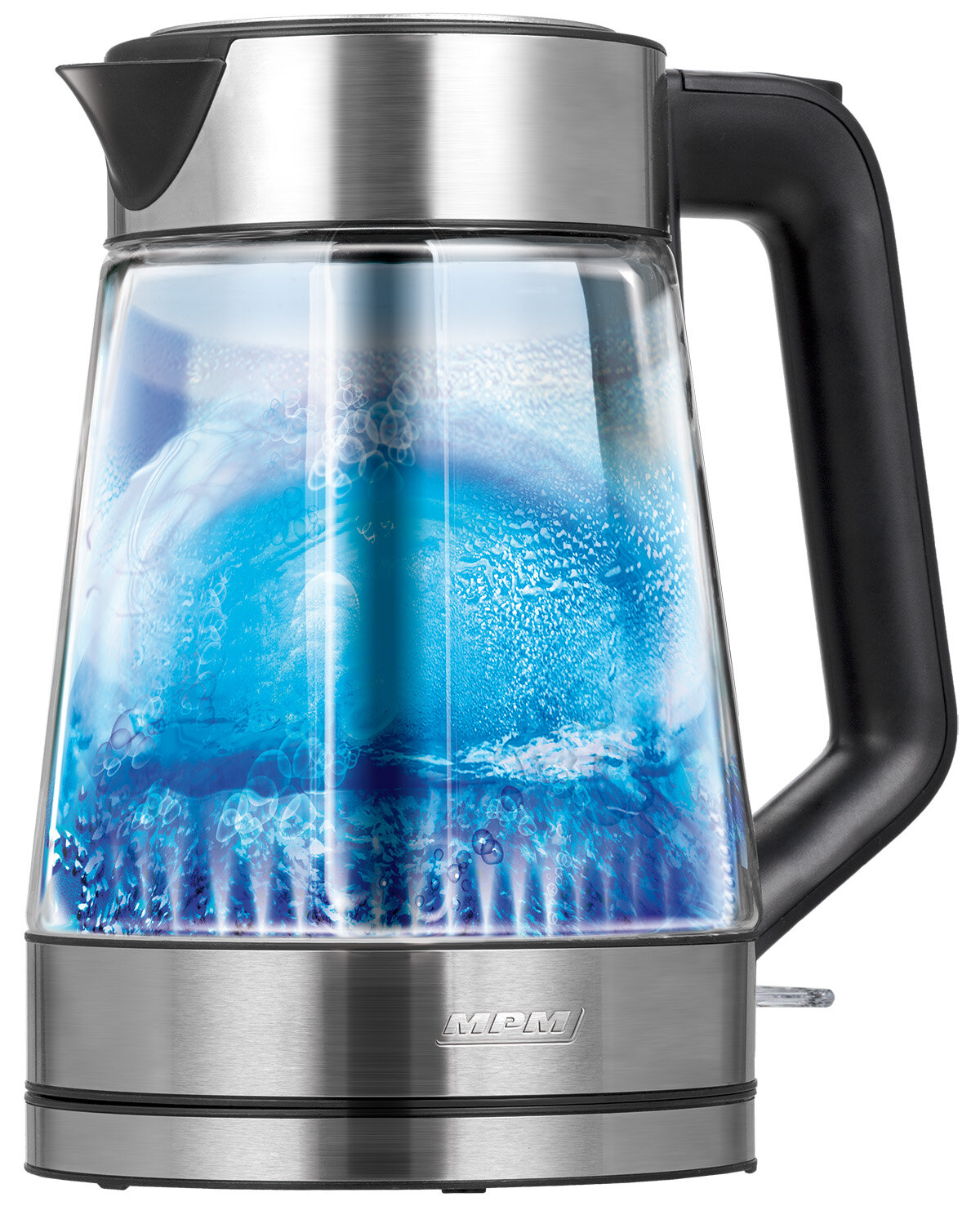 Przezroczysty szklany czajnik elektryczny z niebieską wodą, srebrną podstawą i czarnym uchwytem.