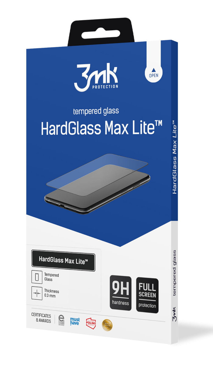 Niebiesko-białe opakowanie 3mk HardGlass Max Lite ze szkłem hartowanym do smartfona.