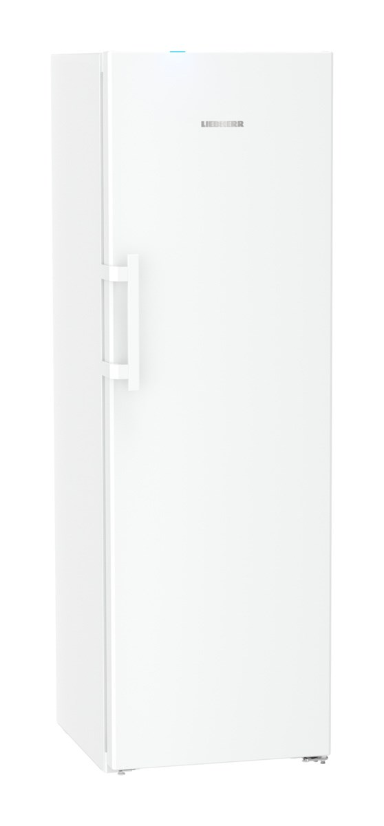 Ein weißer Kühlschrank. Er hat einen Griff links und das LIEBHERR-Logo oben.
