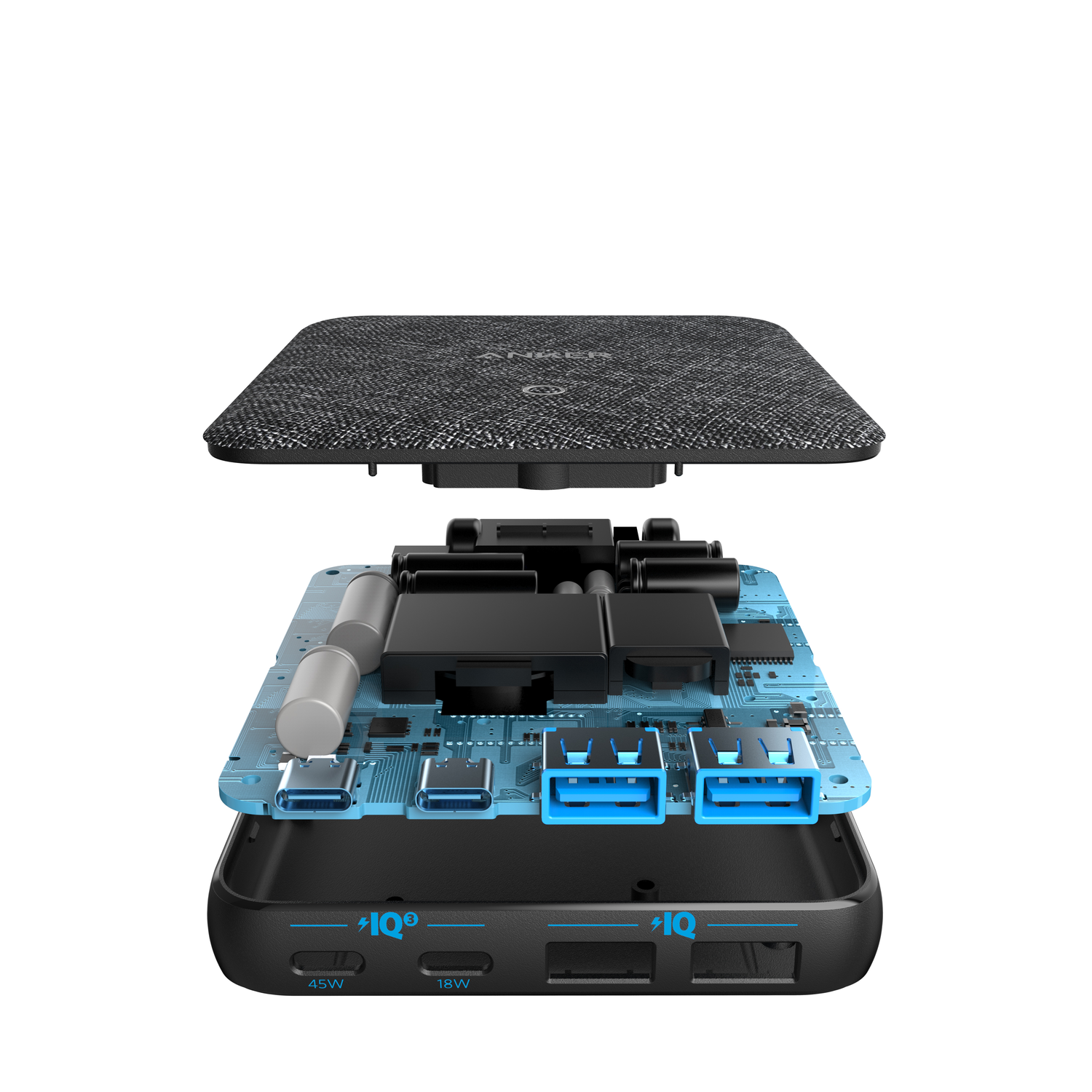 Power bank with internal components exposed. Multiple USB ports are visible.