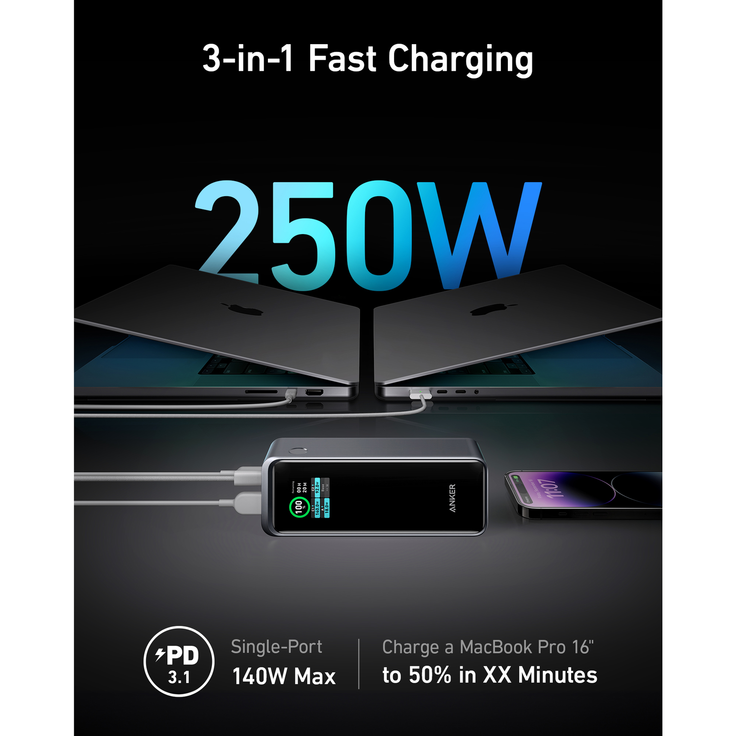 A black Anker charging station with a screen, charging two laptops and a phone.