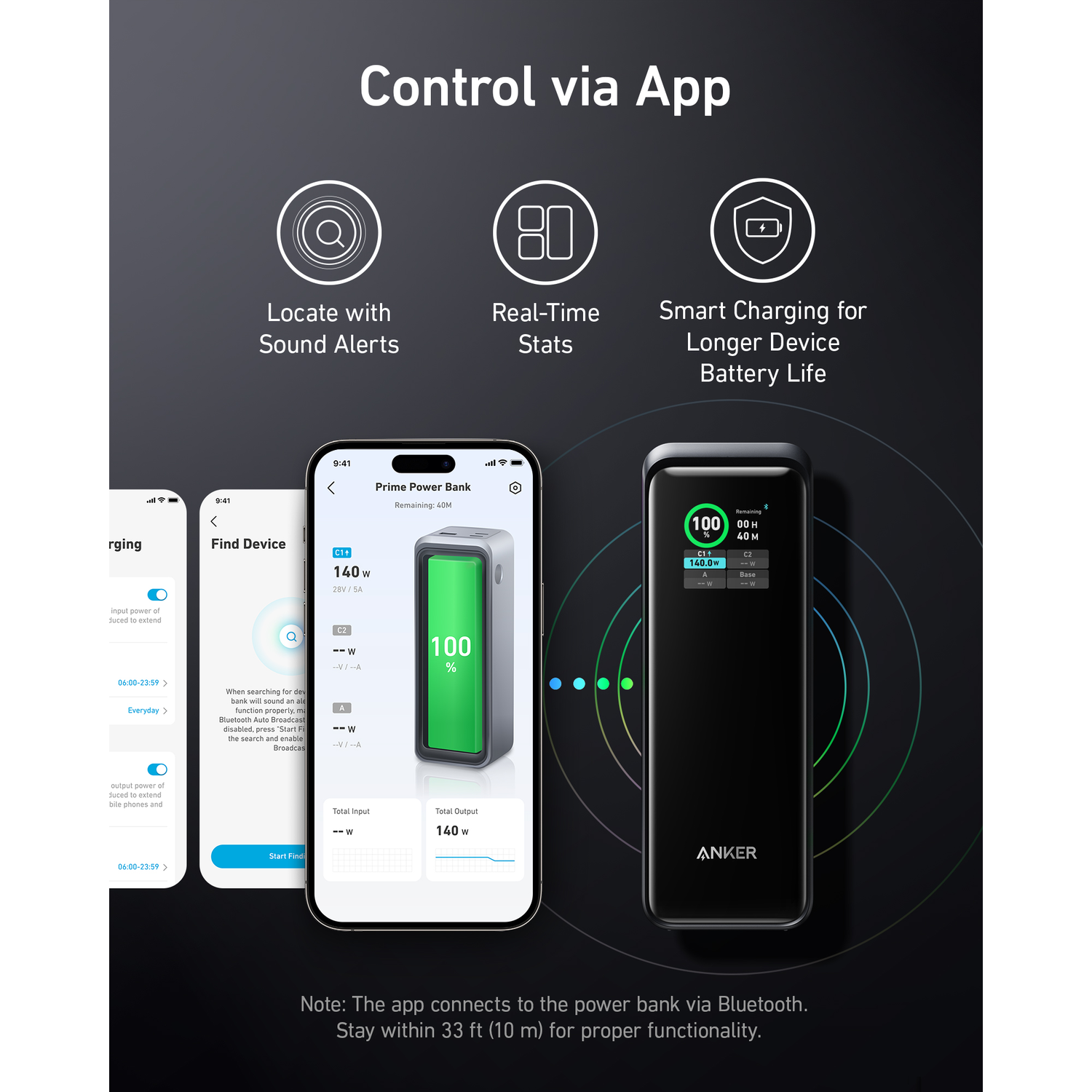 A phone showing a power bank app interface. The app indicates the power bank's status and charging features.