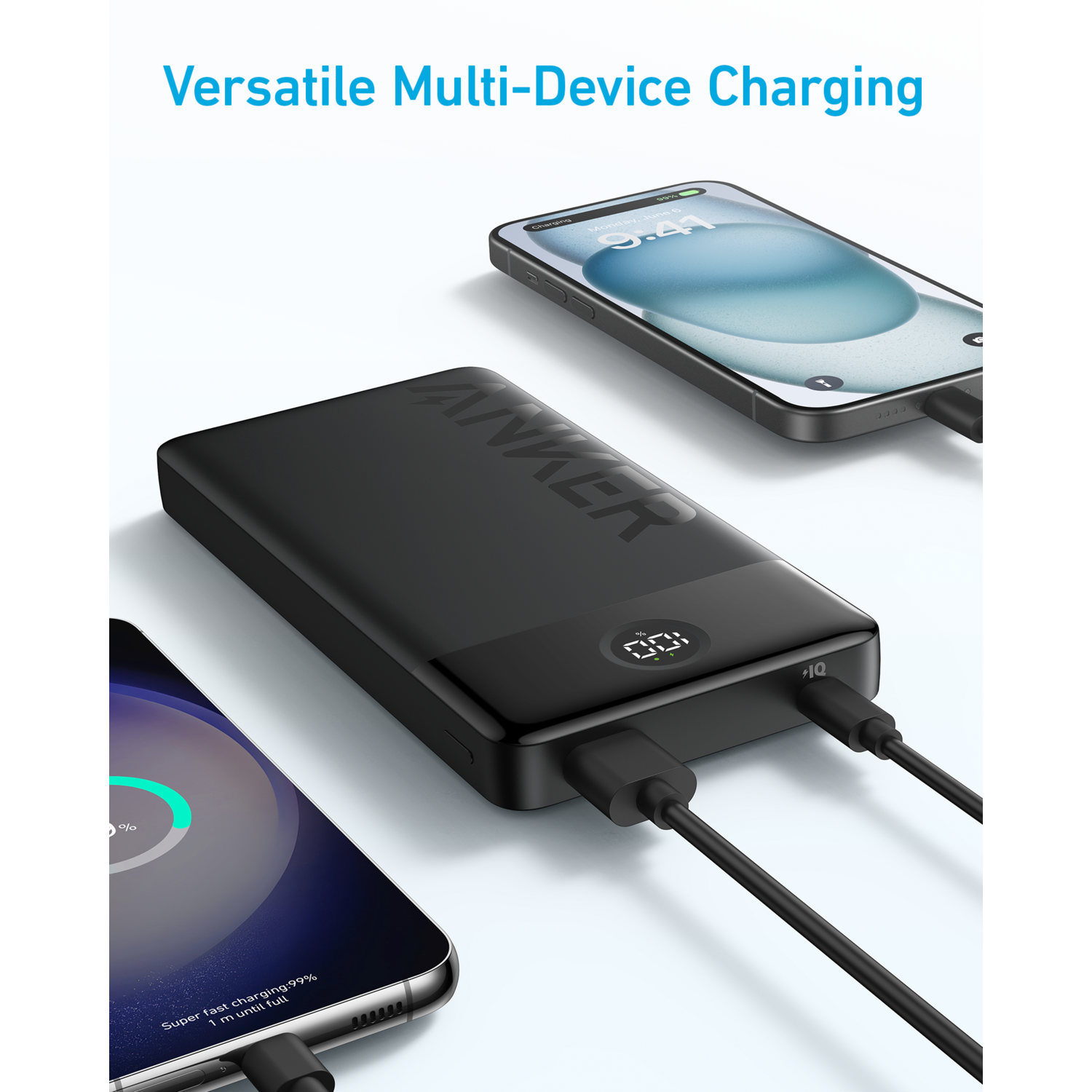 Een zwarte powerbank die twee telefoons oplaadt met een digitaal display.