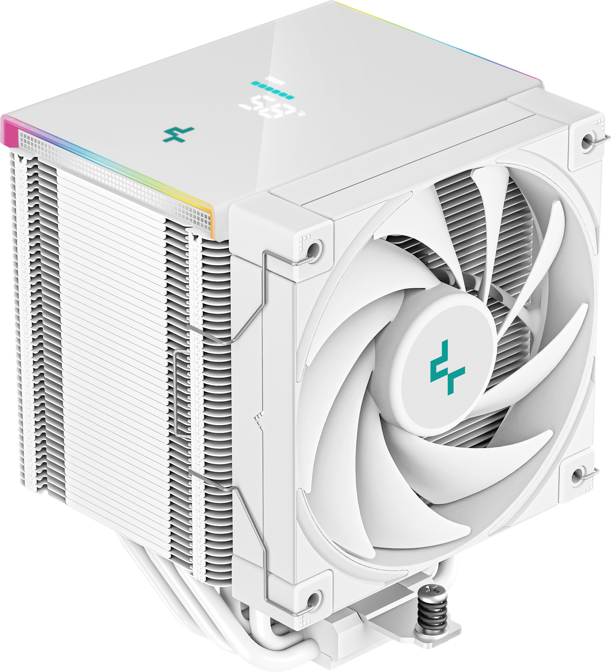 Fehér CPU-hűtő ventilátorral és hűtőbordával, LED-es lámpákkal.