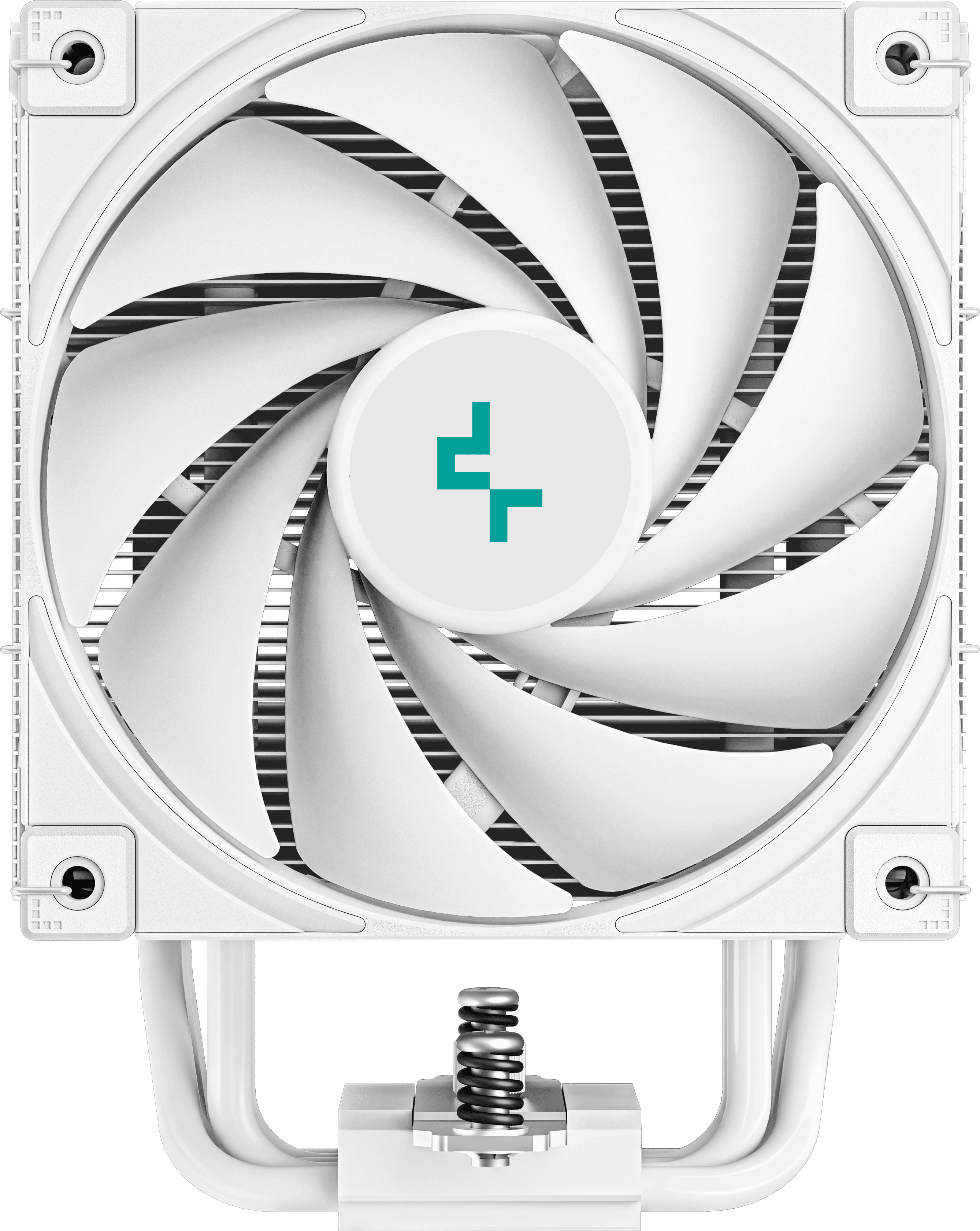 Fehér CPU hűtőventilátor, középen türkiz logóval. A lapátok fehérek.