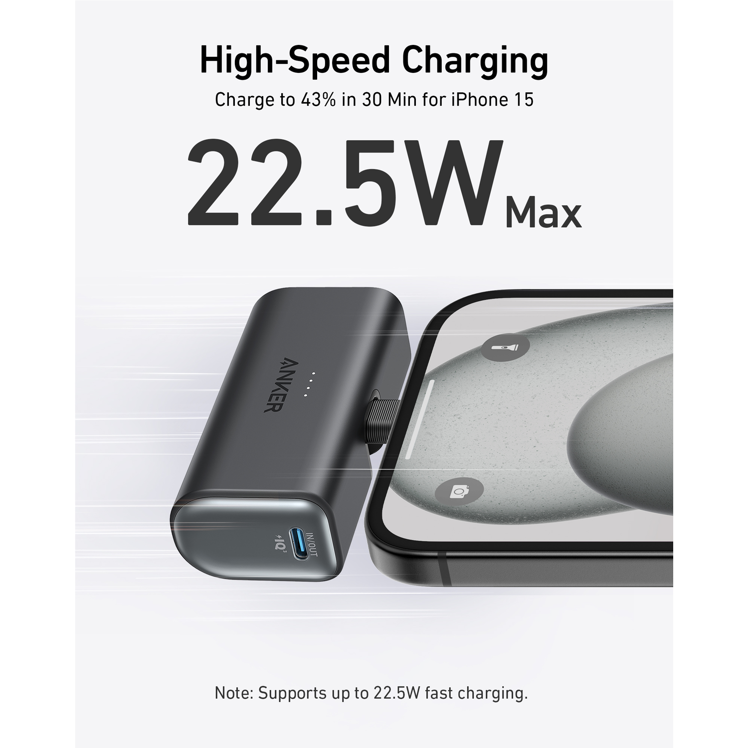Black Anker charger next to a phone. Text says 22.5W Max, high speed charging.