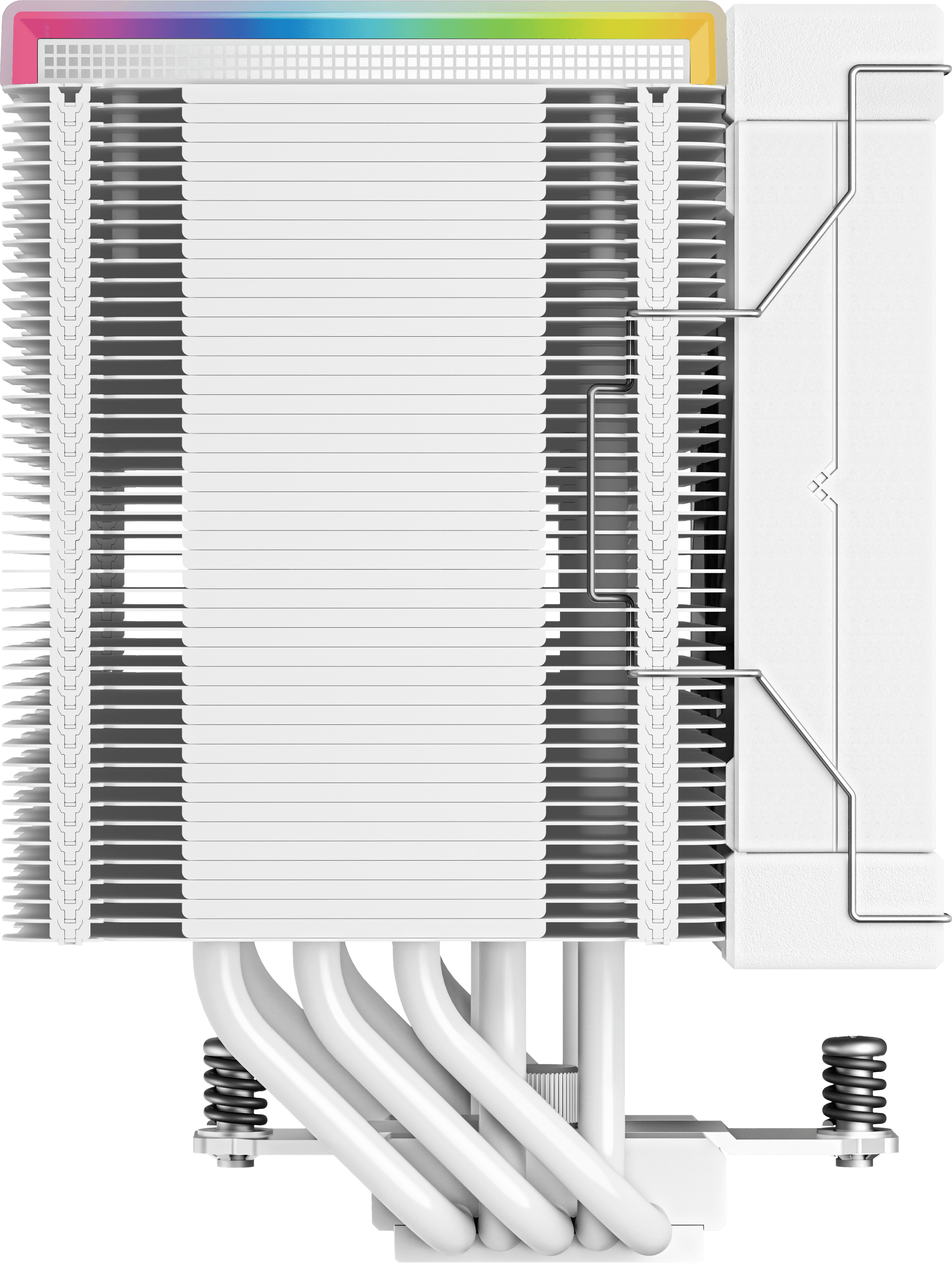 Egy fehér CPU-hűtő fehér ventilátorral, csövekkel és színes fénysávval a tetején.