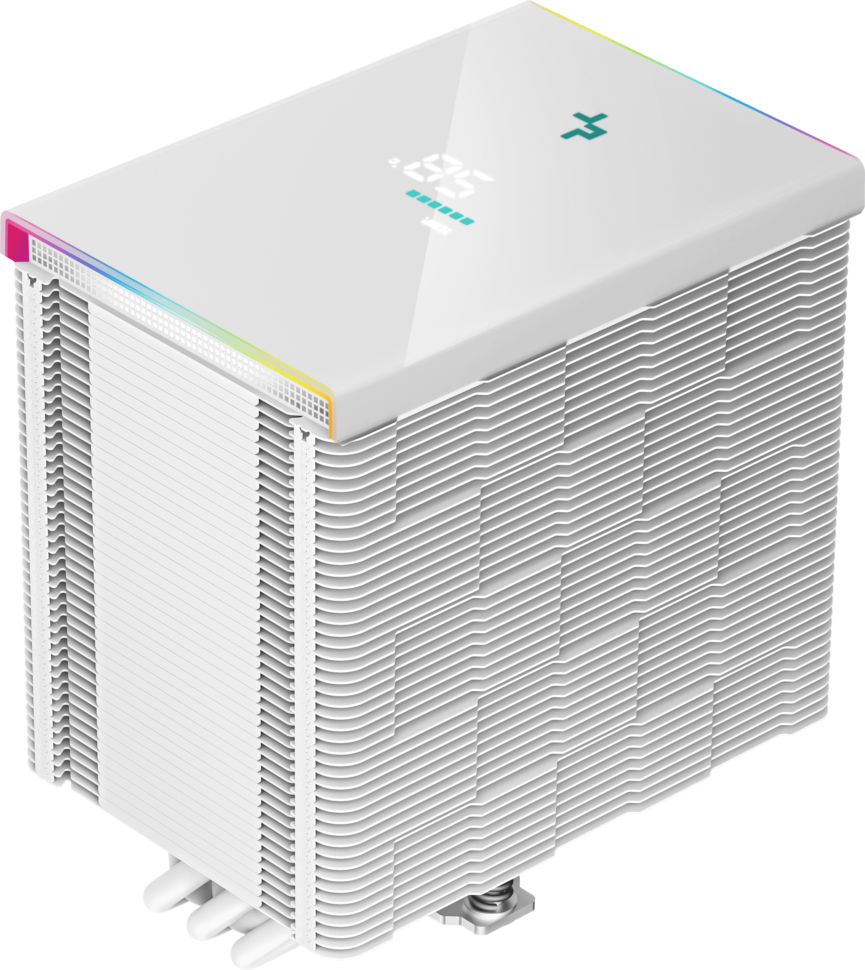 Fehér számítógépes hűtőventilátor. Fehér hűtőventilátor fénysávval. Fekete háttér.