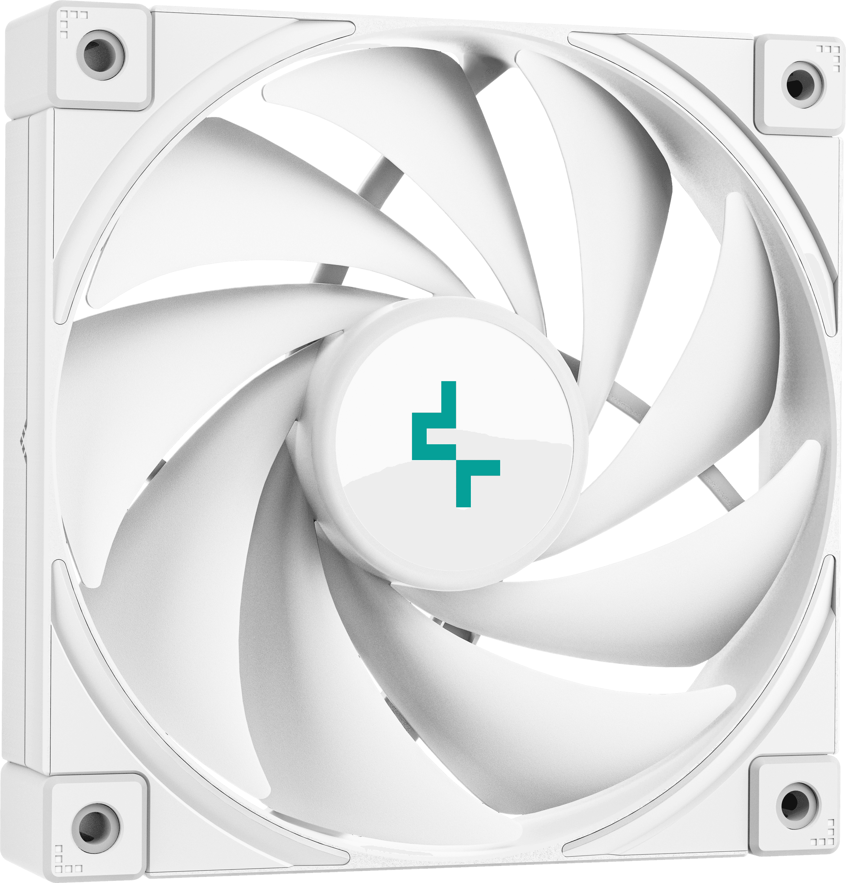 Fehér CPU-ventilátor fehér kerettel és lapátokkal, türkiz logó a közepén.