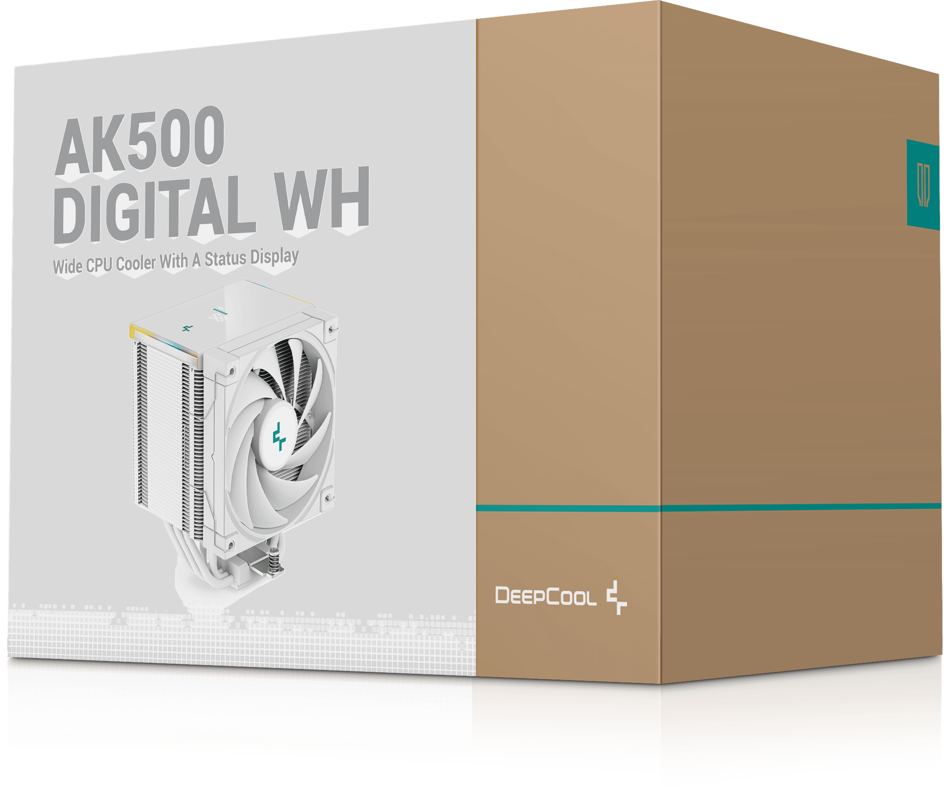 Fehér és barna doboz, benne számítógépes hűtővel. A dobozon az 'AK500 DIGITAL WH' és a 'DeepCool' feliratok láthatók.
