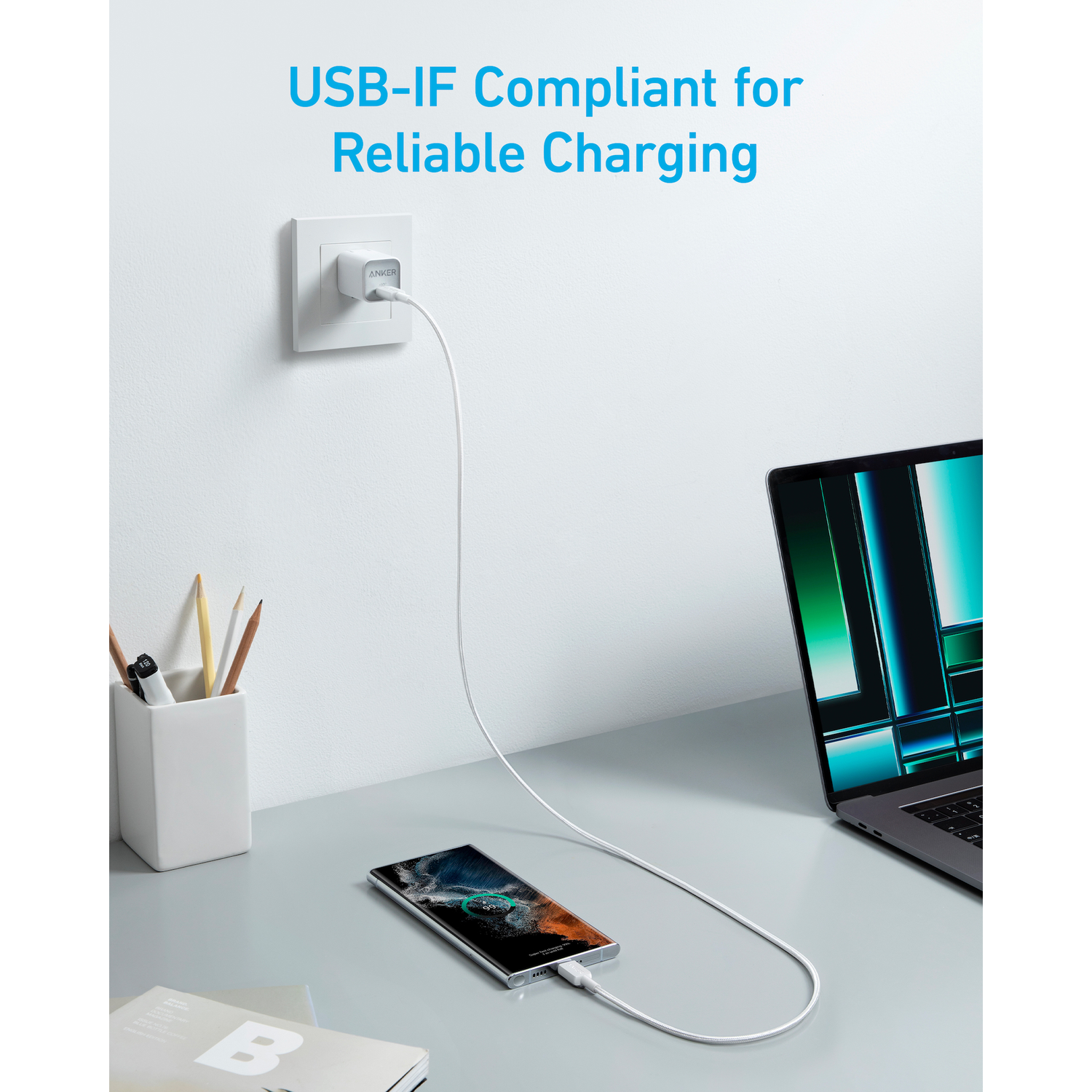A phone charging with a white cable. Text says 'USB-IF Compliant for Reliable Charging'.