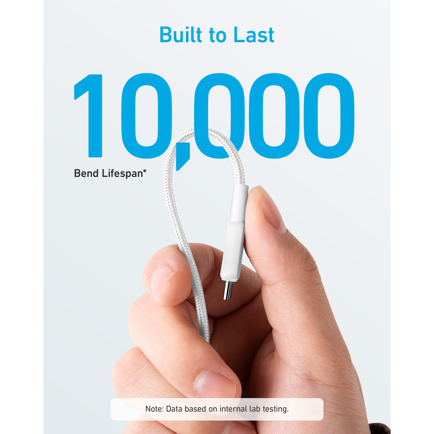 A hand holding a white charging cable. Text says: 10,000 bend lifespan. The background is white.