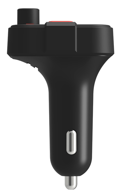 Czarna ładowarka samochodowa, widok z góry, z czerwonym przyciskiem. Izolowana na białym.