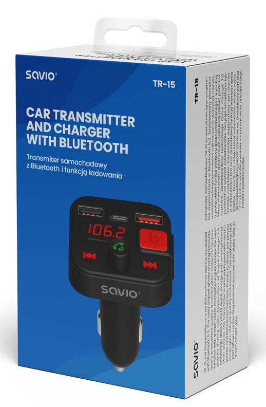 Nadajnik i ładowarka samochodowa z Bluetooth. Pudełko produktu pokazuje urządzenie i jego funkcje.