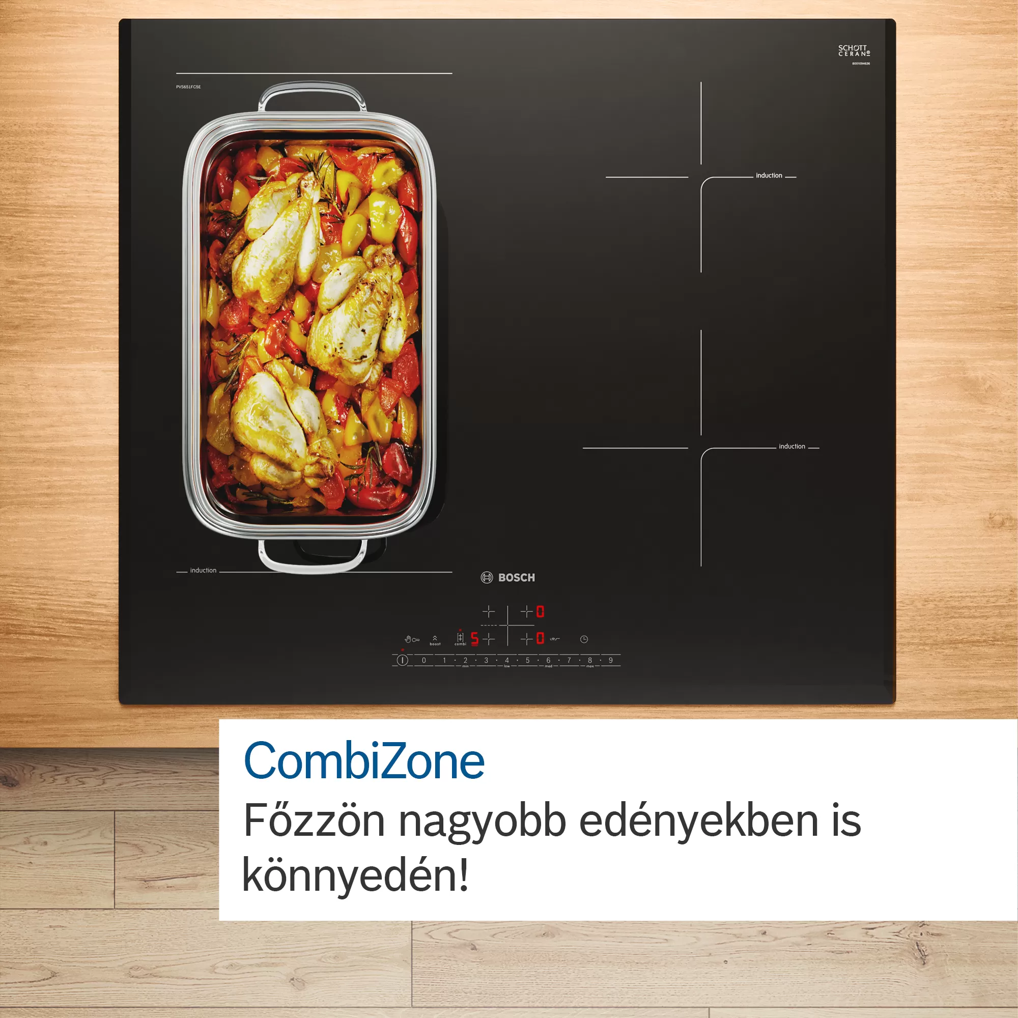 Fekete indukciós főzőlap étellel egy tálcán, szöveg a CombiZone-ról. Fa háttér.