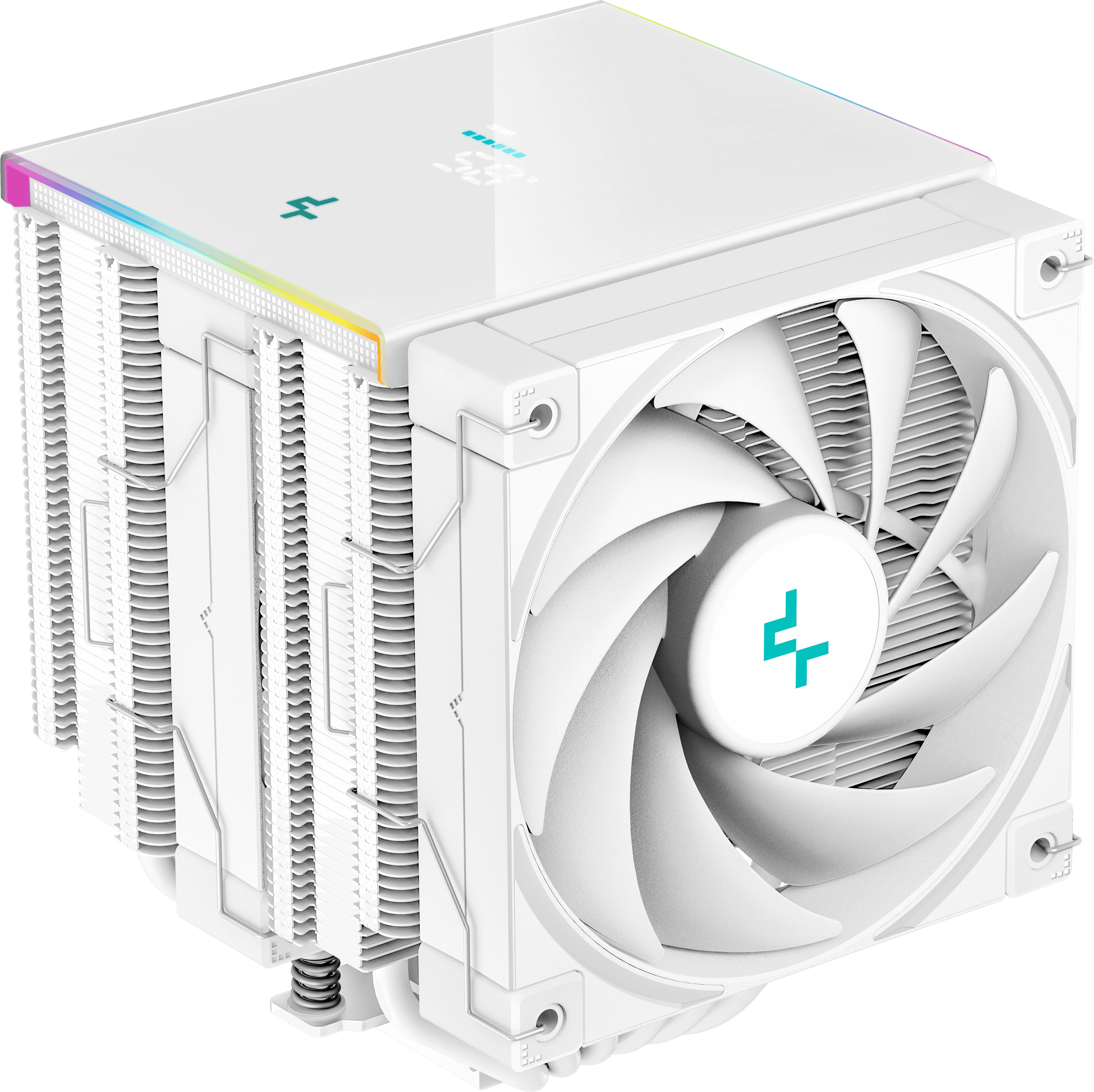 Fehér számítógép-hűtő ventilátorral és fénycsíkkal. A hűtő négyzet alakú, és logó van rajta.