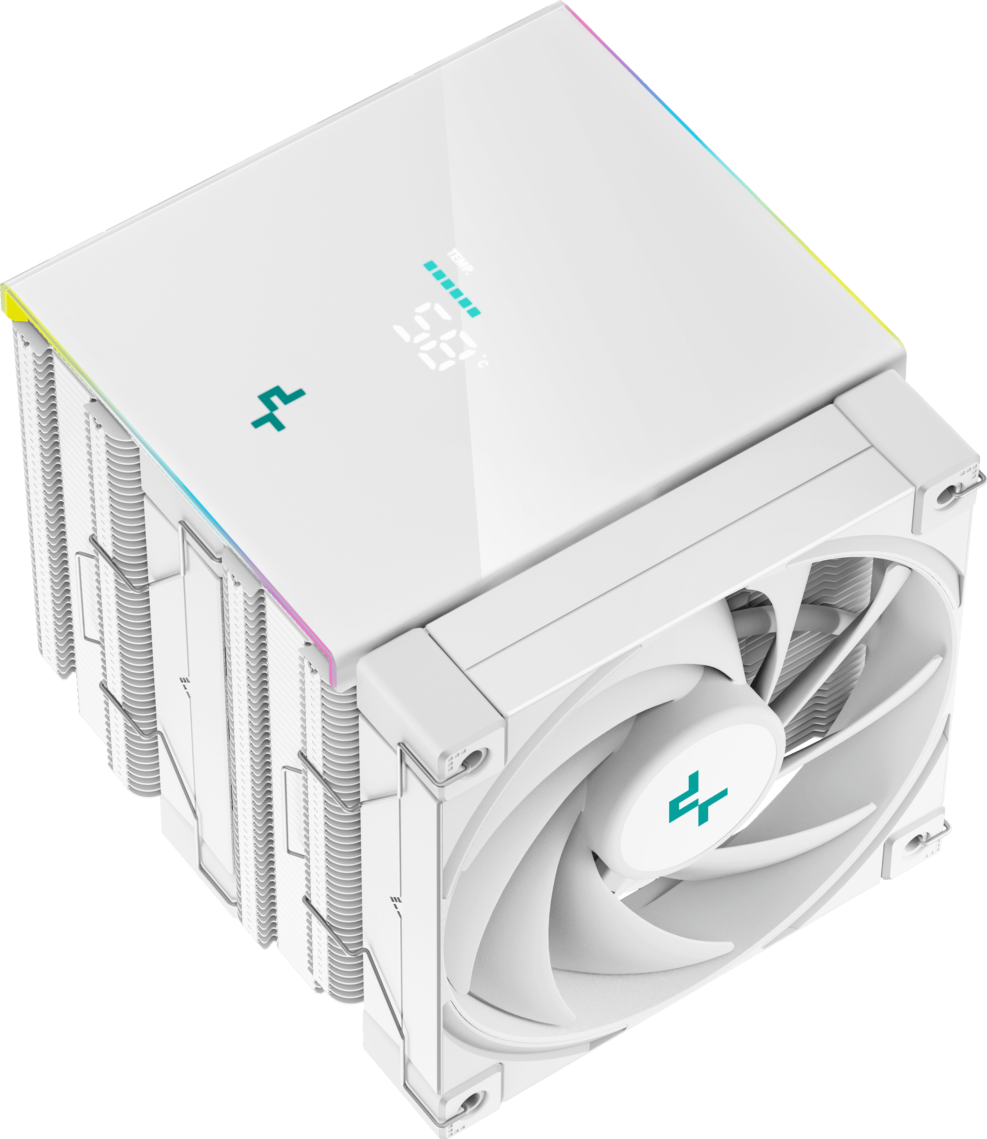Fehér számítógép-hűtő ventilátorral, felülnézet.