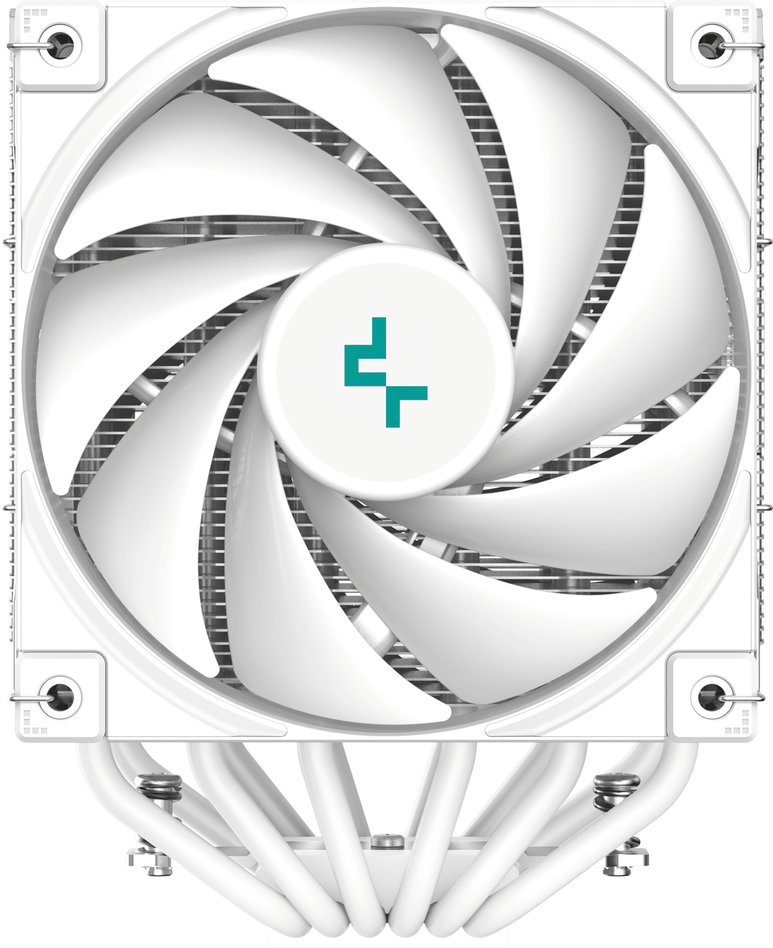 Fehér számítógép ventilátor ívelt lapátokkal és türkiz logóval a közepén.