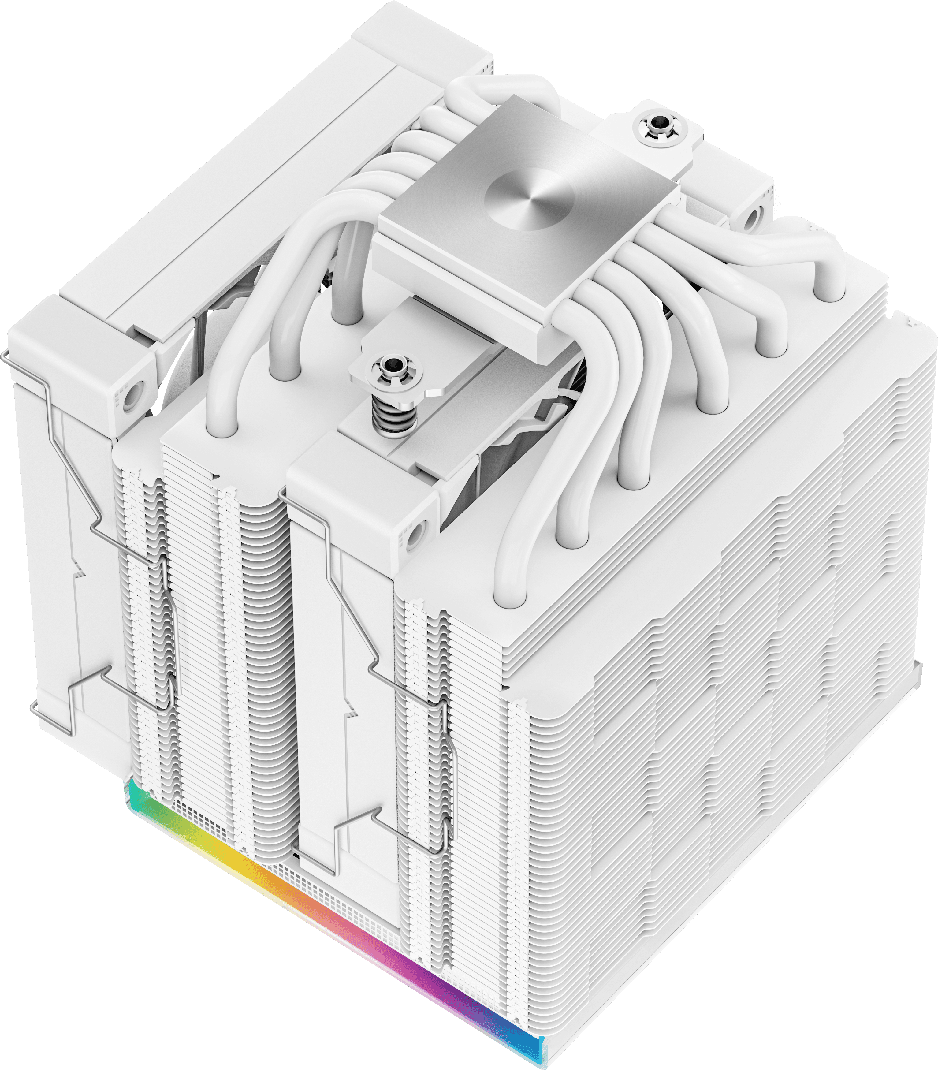 Fehér számítógép-hűtő, felülnézet, csövek és ventilátorlapátok láthatók.