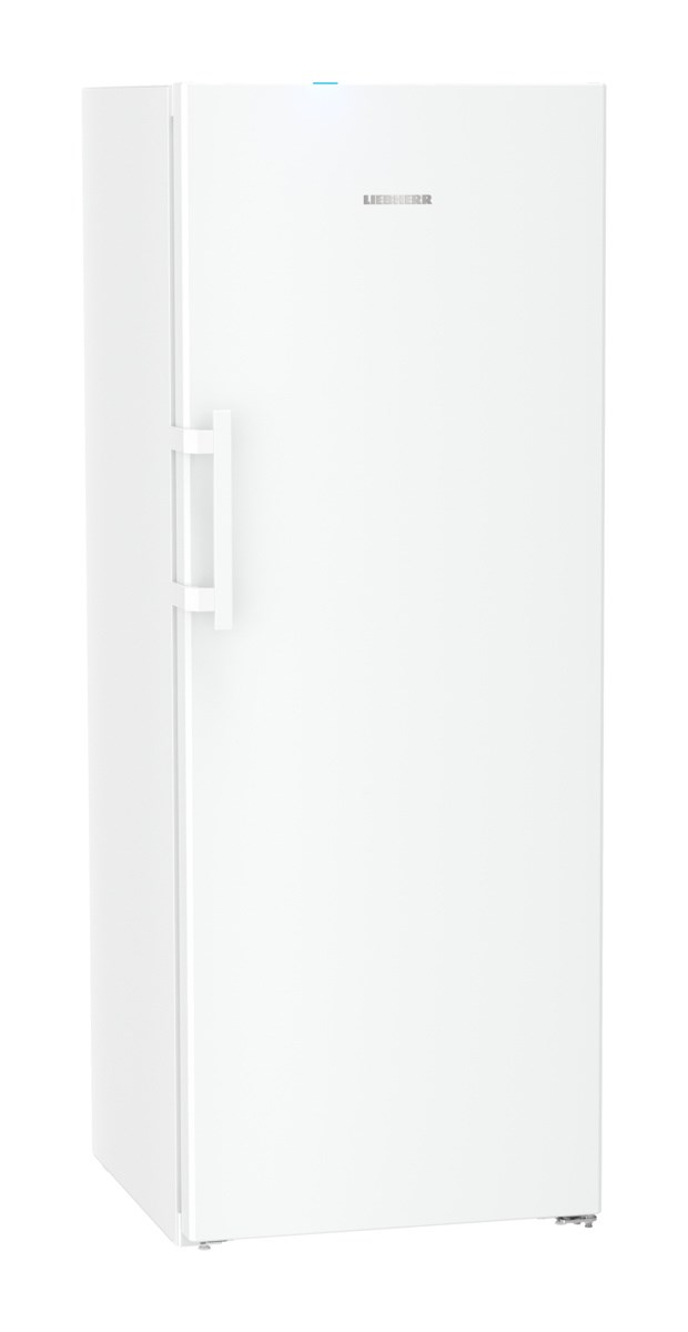 Weißer Liebherr-Kühlschrank. Er hat einen langen Griff und das Liebherr-Logo oben.