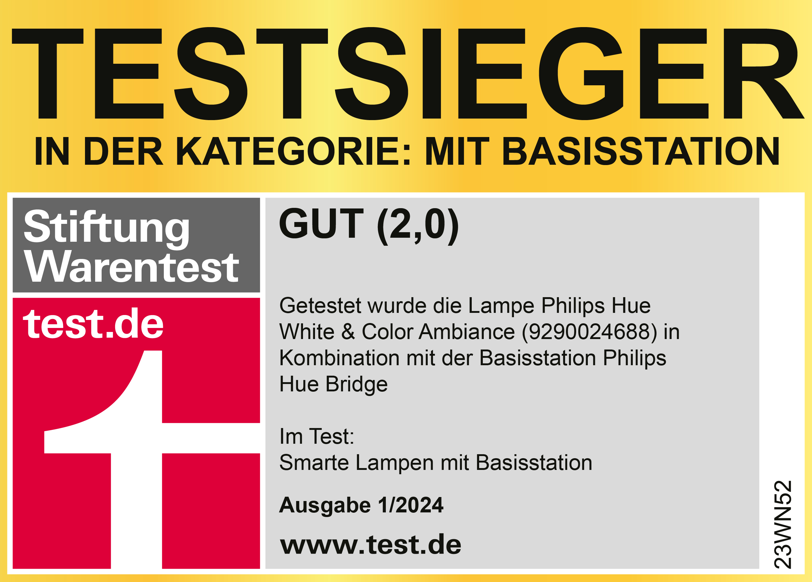 Stiftung Warentest: Philips Hue White & Color Amb. (9290024688) in Komb.: GUT (2,0), 1/2024.