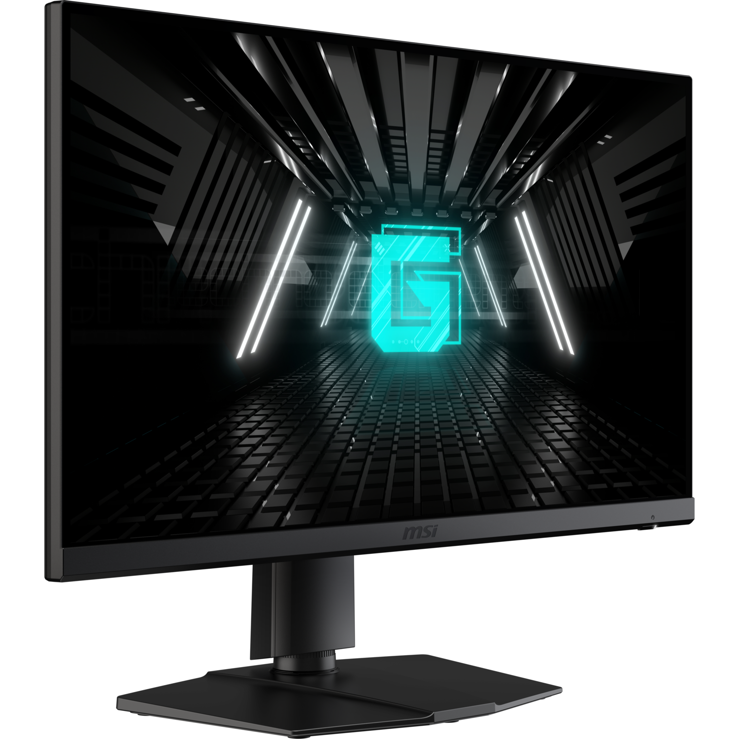 A black computer monitor displaying a futuristic graphic with a blue 'G' logo.