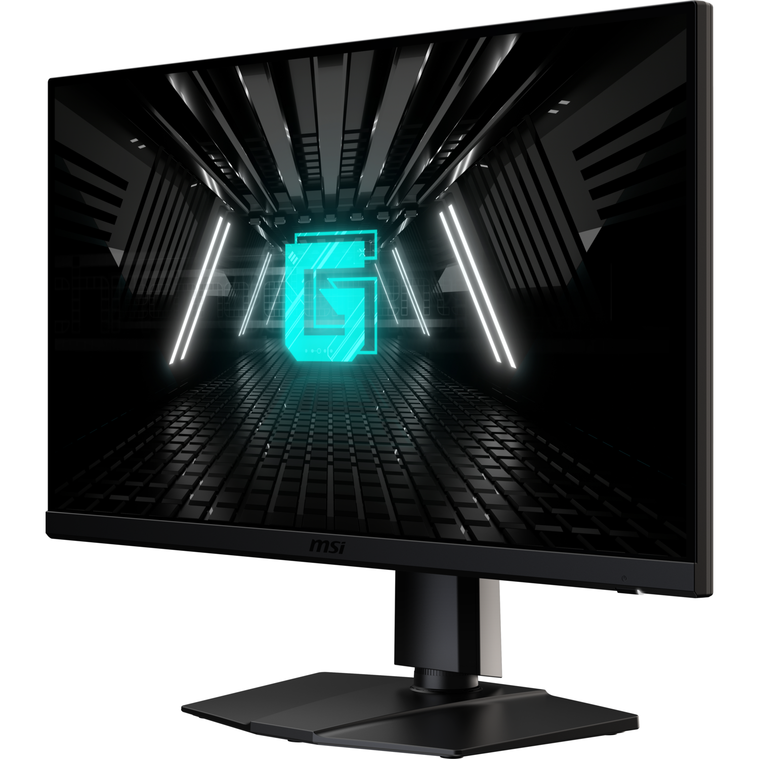 MSI gaming monitor displaying a futuristic tunnel with white neon lights. Black background.