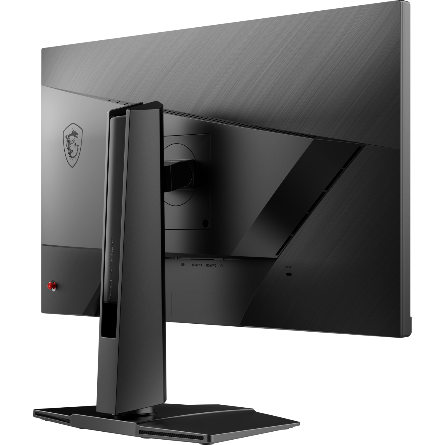 Back view of a black computer monitor with a stand. The MSI logo is on the top left.