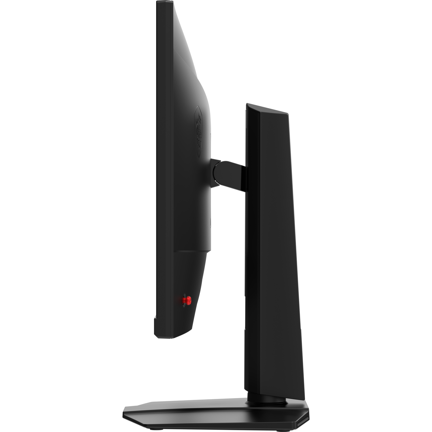 Side view of a black MSI monitor. The monitor is on a stand and has a red power button.