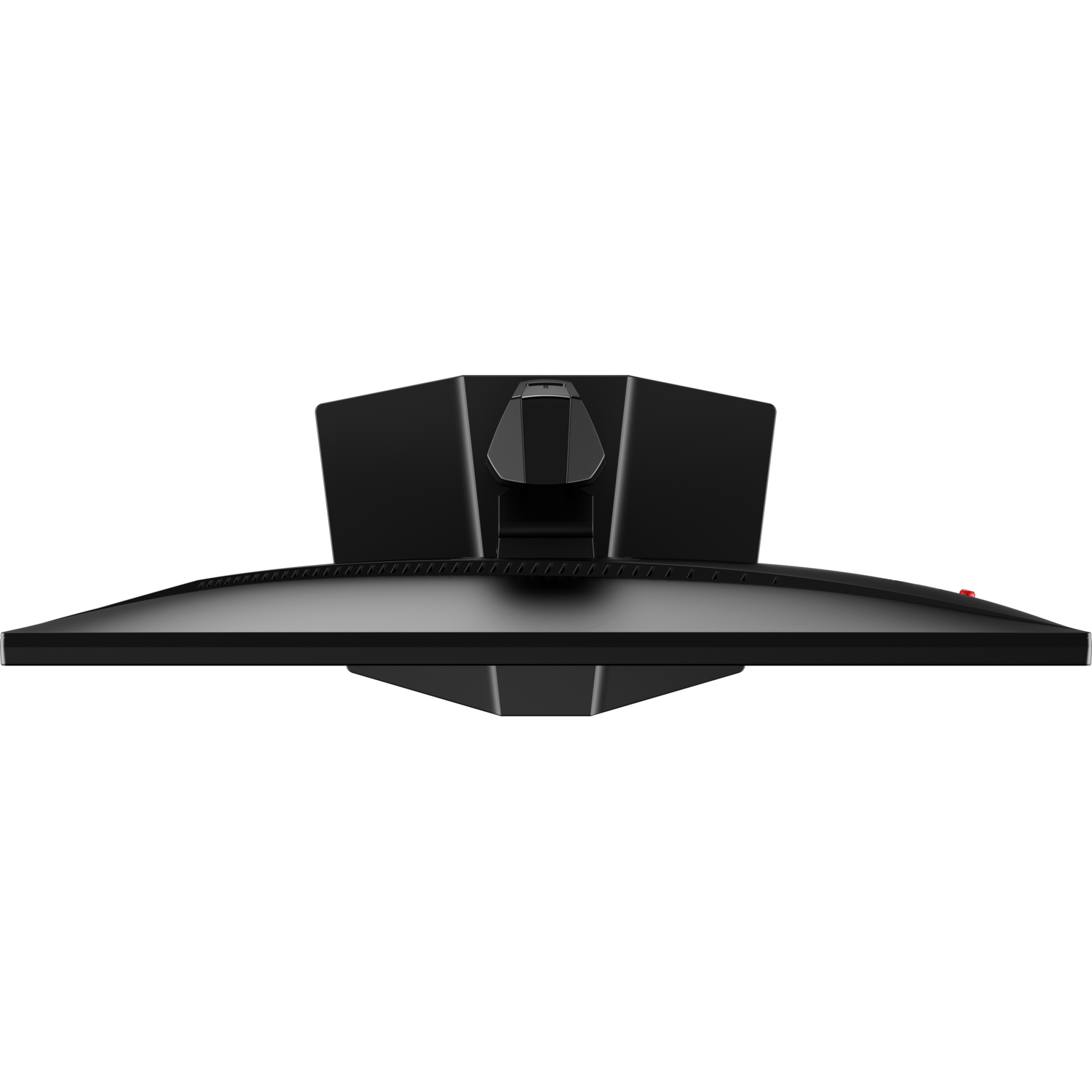 Black computer monitor seen from above against a black background.