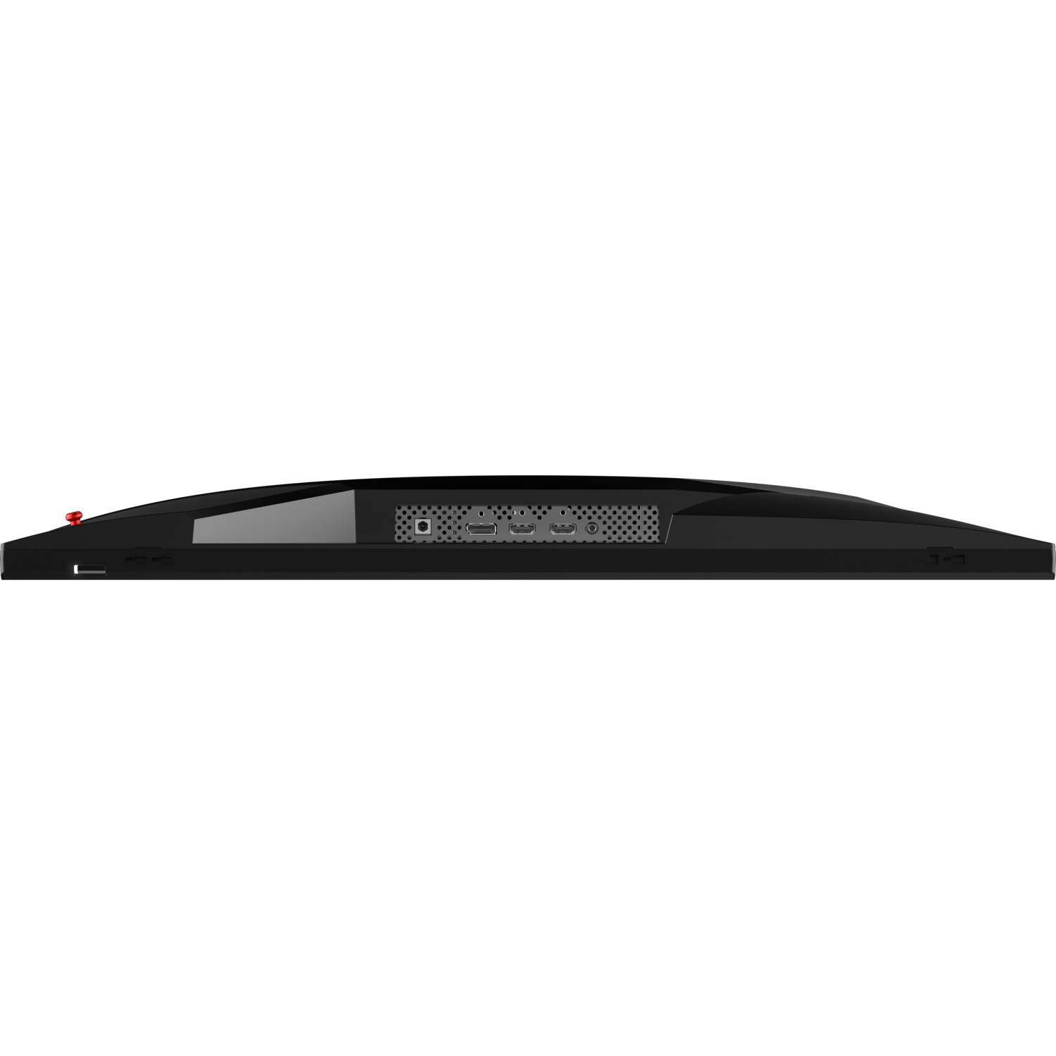 Back of a black monitor, showing ports and connections. Black background.