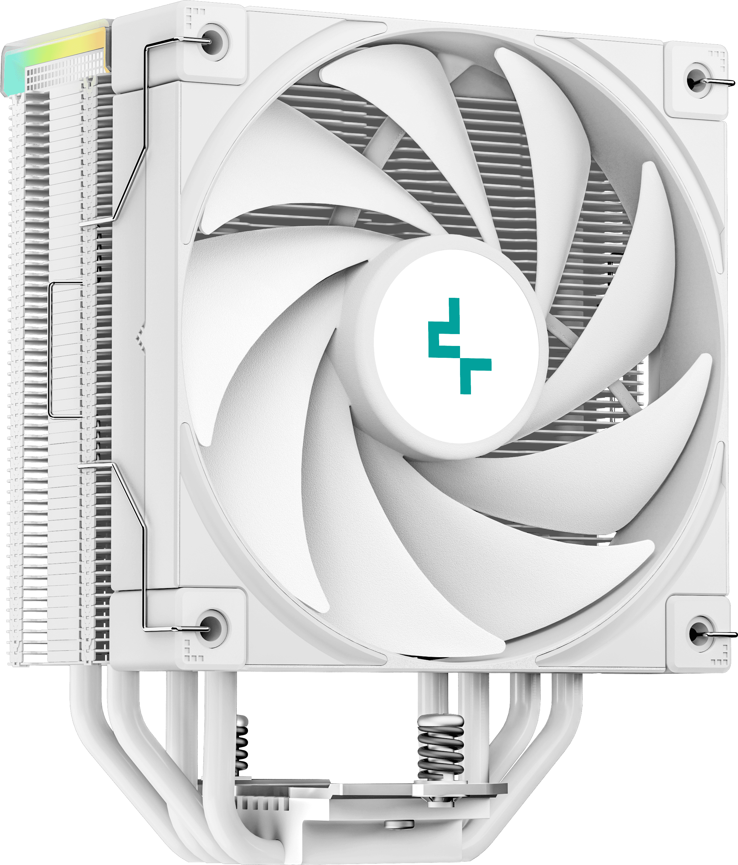 Fehér CPU-hűtő ventilátorral és hőcsövekkel, zöld logóval, fehér háttér előtt.