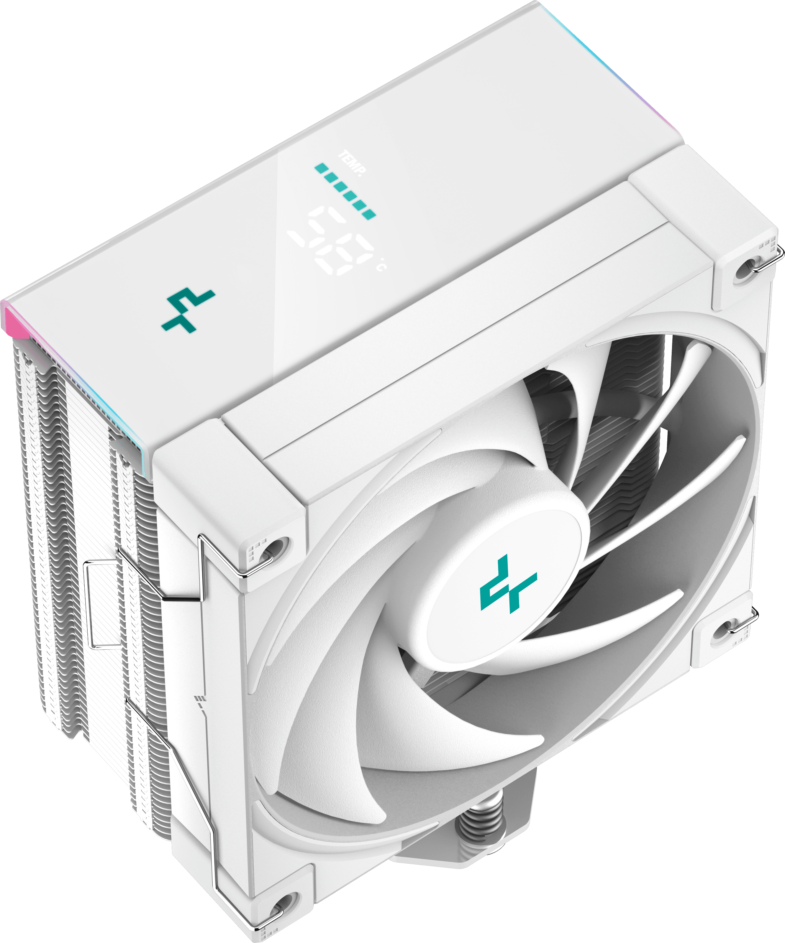 Fehér CPU-hűtő ventilátorral és digitális kijelzővel.